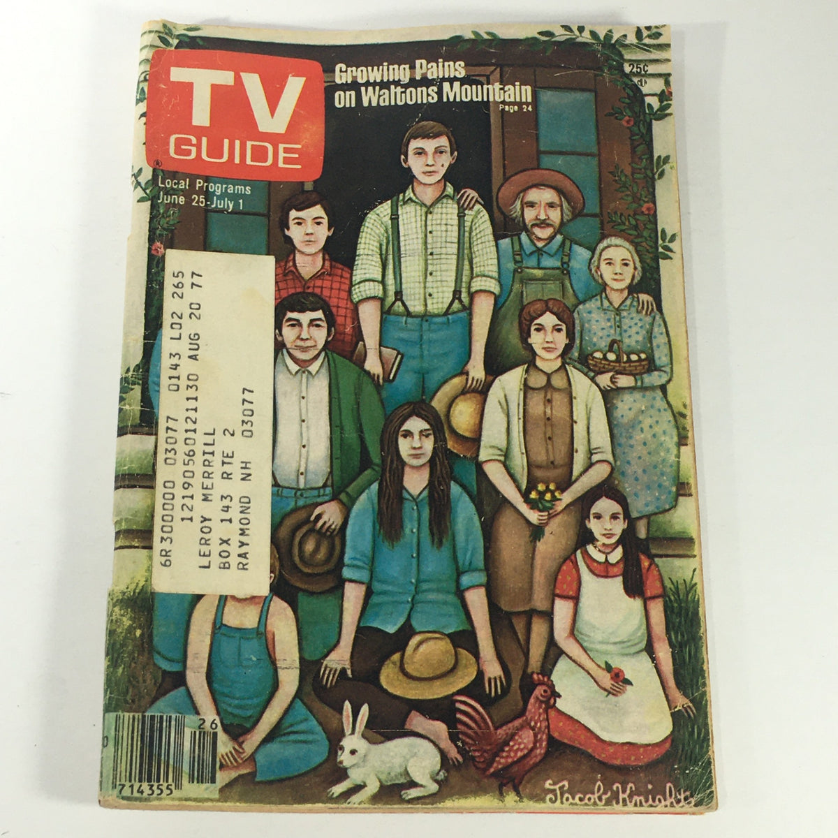 Vintage TV Guide Magazine from June 25-July 1, 1977, featuring iconic cover art by Jacob Knights, showcasing a group of characters on a farm with a rabbit and rooster, spotlighting 'Growing Pains on Waltons Mountain'.