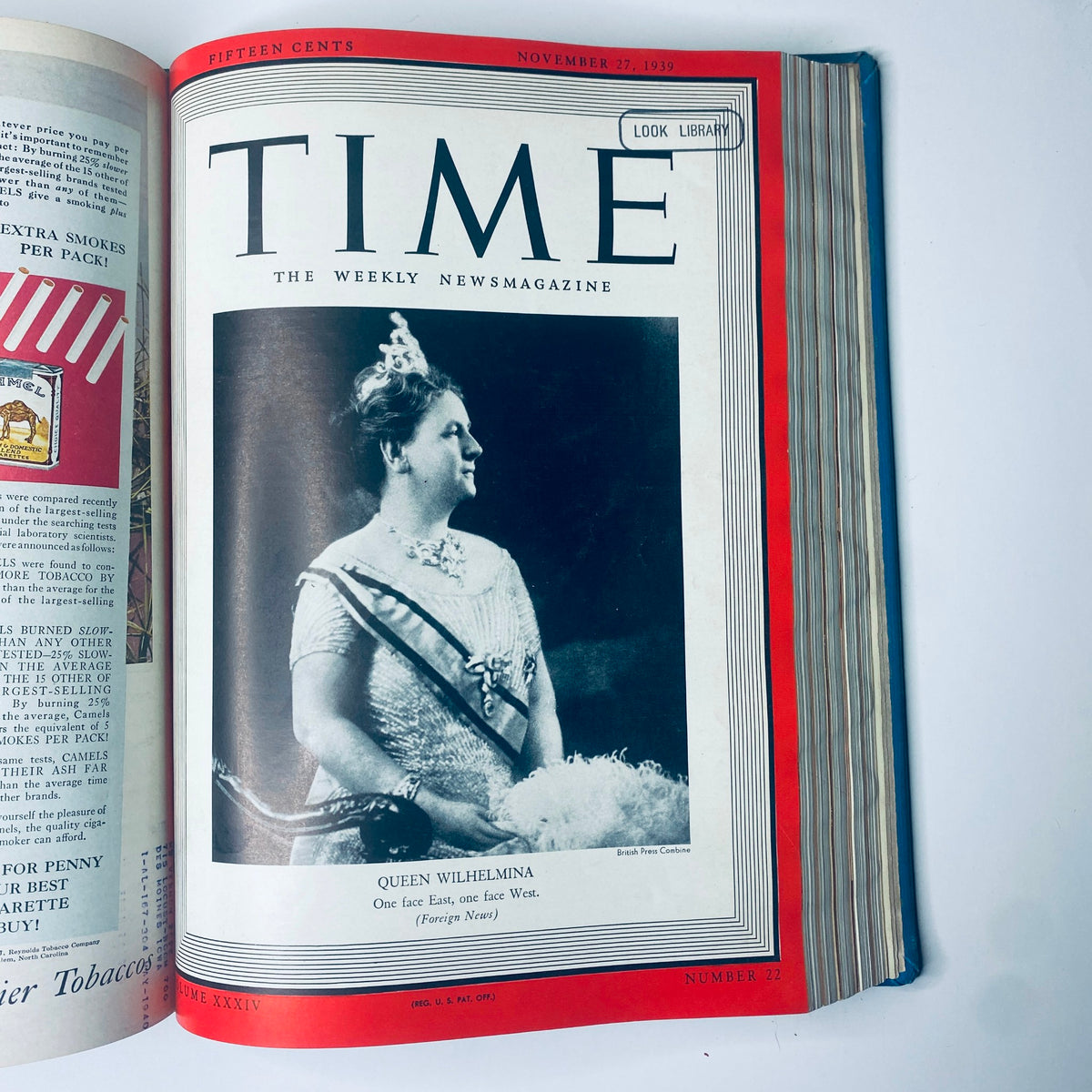 Time Magazine Library Bound October- Dec 1939 showcasing Queen Wilhelmina of the Netherlands on the cover dated November 27, 1939, highlighting her diplomatic significance during the era.