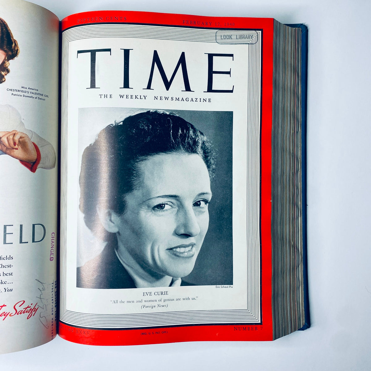 Cover of Time Magazine Library Bound January-March 1940 featuring Eve Curie, with a quote acknowledging the presence of genius among men and women.