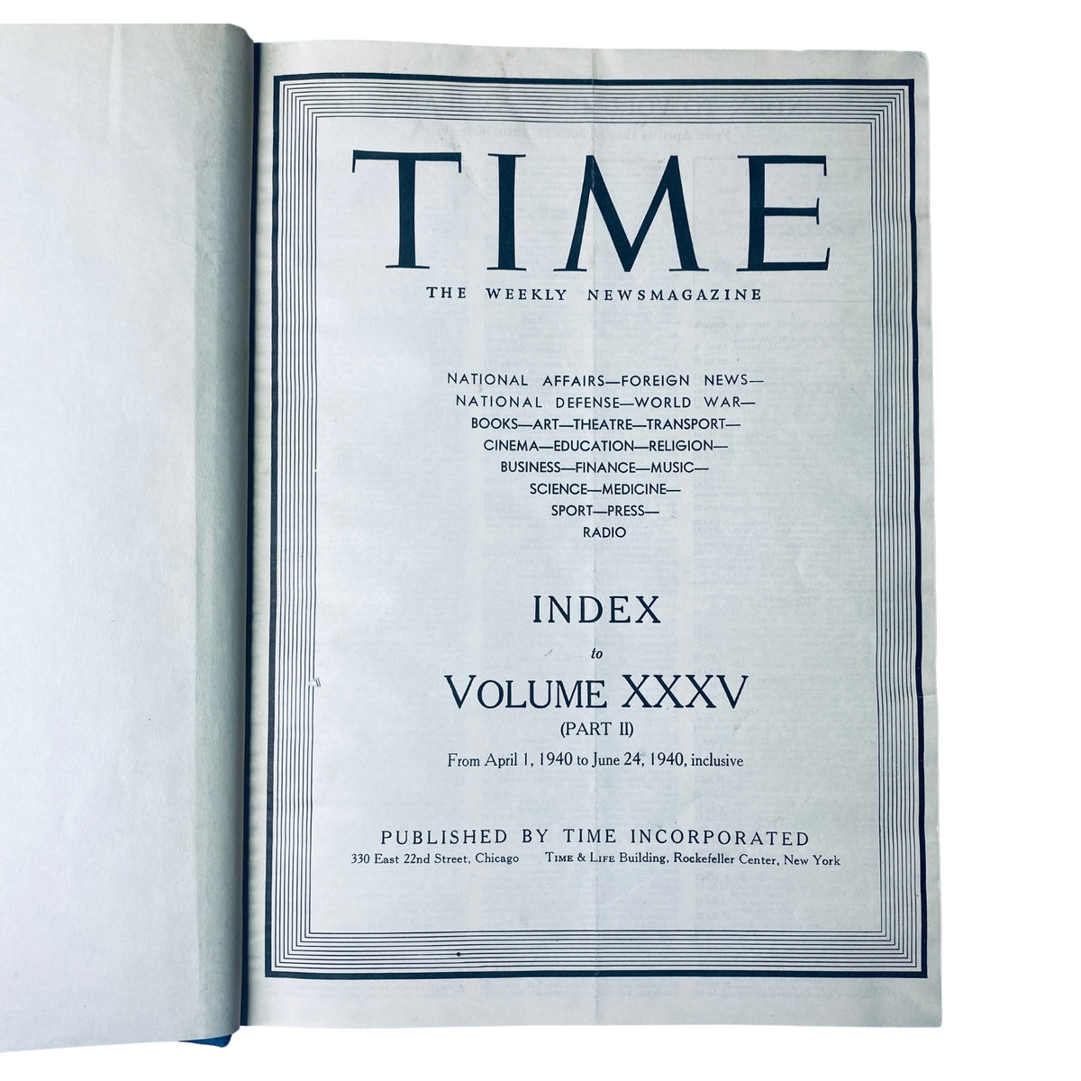 Index page of Time Library Bound Weekly Magazine, Volume XXXV, listing contents from April 1 to June 24, 1940.