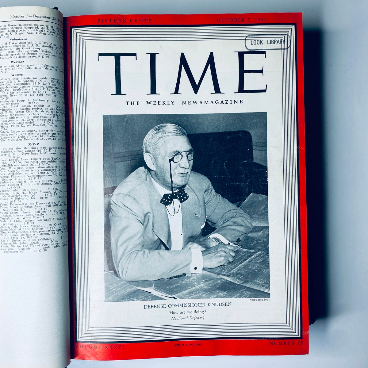 Front cover of Time Magazine Library Bound Weekly, featuring Defense Commissioner Knudsen from the issue dated October 7, 1940.