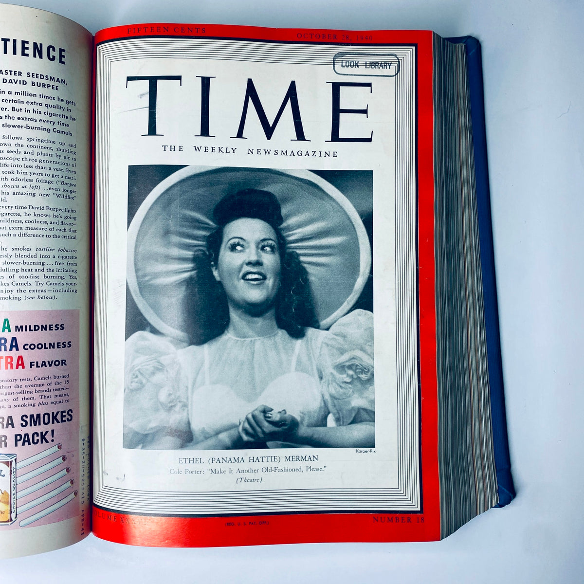 Time Magazine Library Bound Weekly October 7, 1940 - December 30, 1940 highlighting Ethel Merman on the cover, referred to as 'Ethel (Panama Hattie) Merman'.