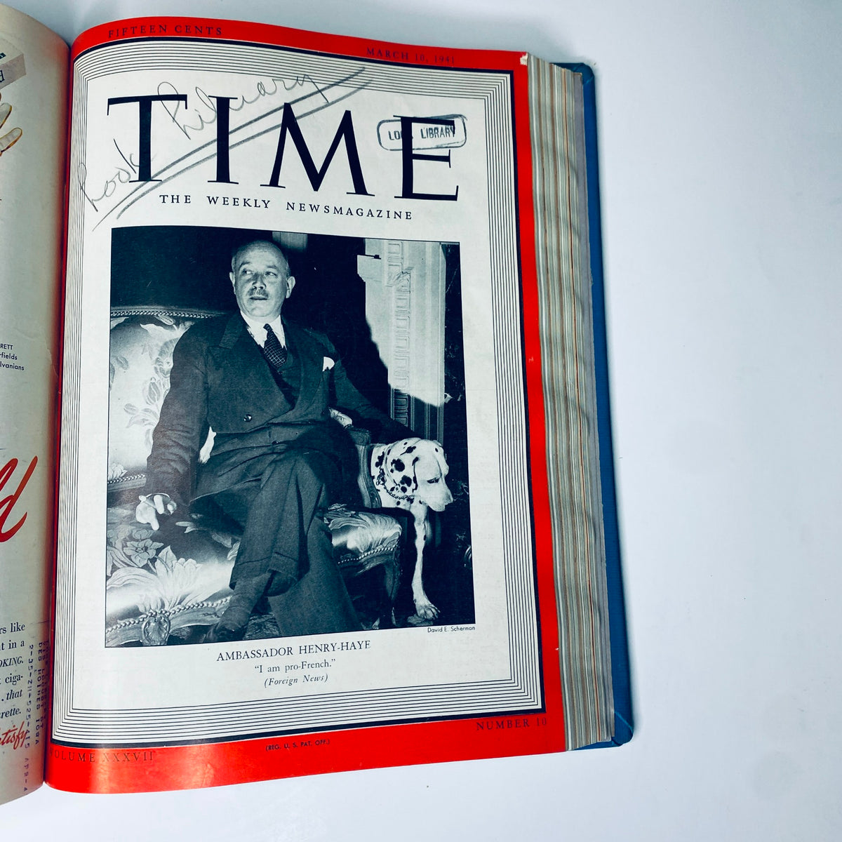 Cover page of Time Magazine dated March 10, 1941, featuring Ambassador Gaston Henry-Haye and his dog. Part of the Time Magazine Library Bound January 6 to March 31, 1941.