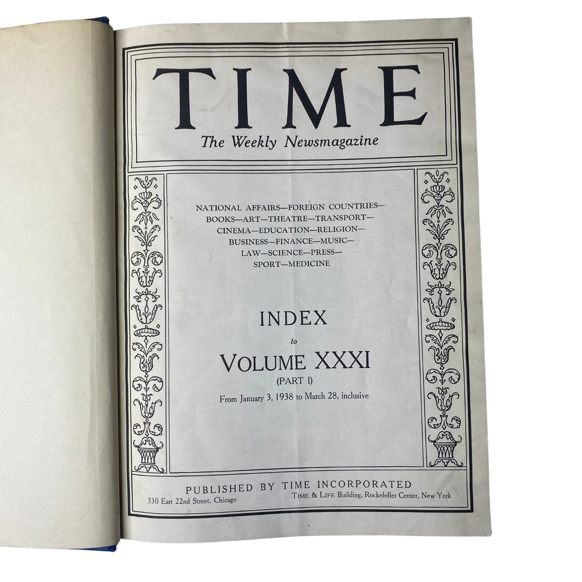 Index page of Time Magazine indicating 'Index to Volume XXXI Part I, From January 3, 1938 to March 28, inclusive' in the library bound volume titled 'Time Magazine Library Bound January 3, 1938 - March 28, 1938 Frank Lloyd Wright'.