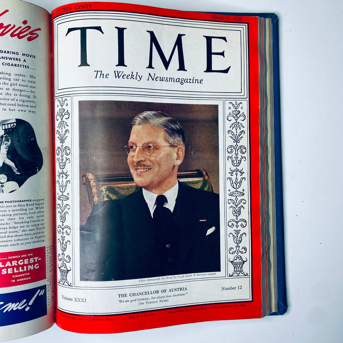 Cover of Time Magazine, March 21, 1938 highlighting The Chancellor of Austria, included in the Time Magazine Library Bound January 3, 1938 - March 28, 1938.