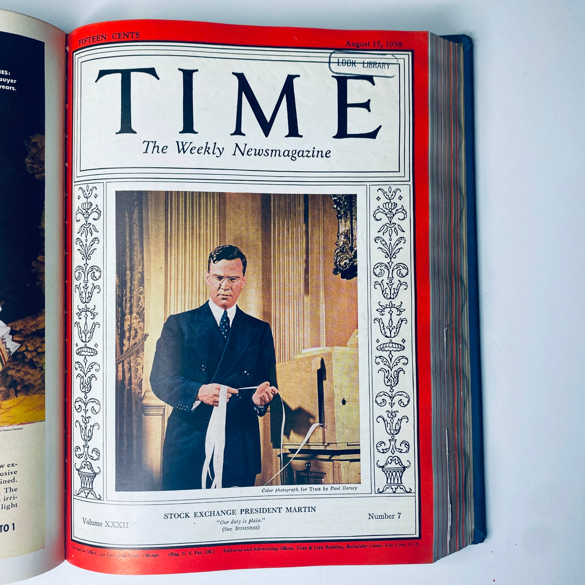 Time Magazine Library Bound Weekly Issue from August 15, 1938 featuring Stock Exchange President Martin on the cover.