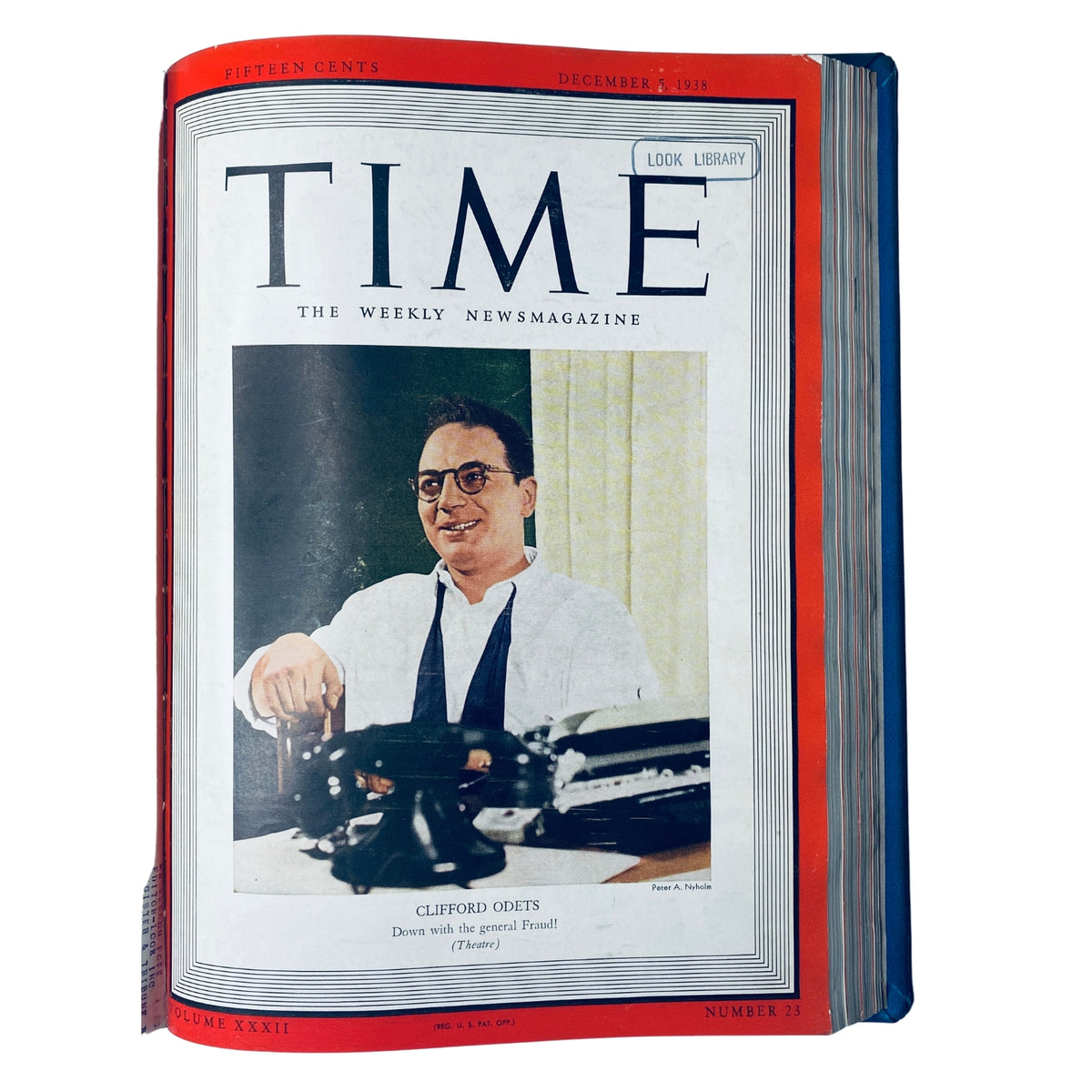 Cover of the Time Magazine Library Bound Weekly, dated December 1938, featuring Clifford Odets, a notable playwright. This edition depicts the historical significance of the period leading up to World War II.