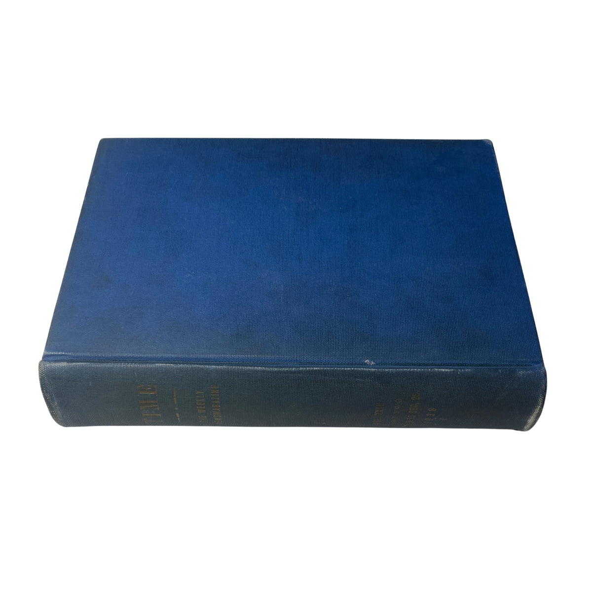 Top view of the Time Magazine Library Bound Weekly, revealing its blue library-bound cover. This volume contains significant articles from late 1938, a pivotal moment in global history.