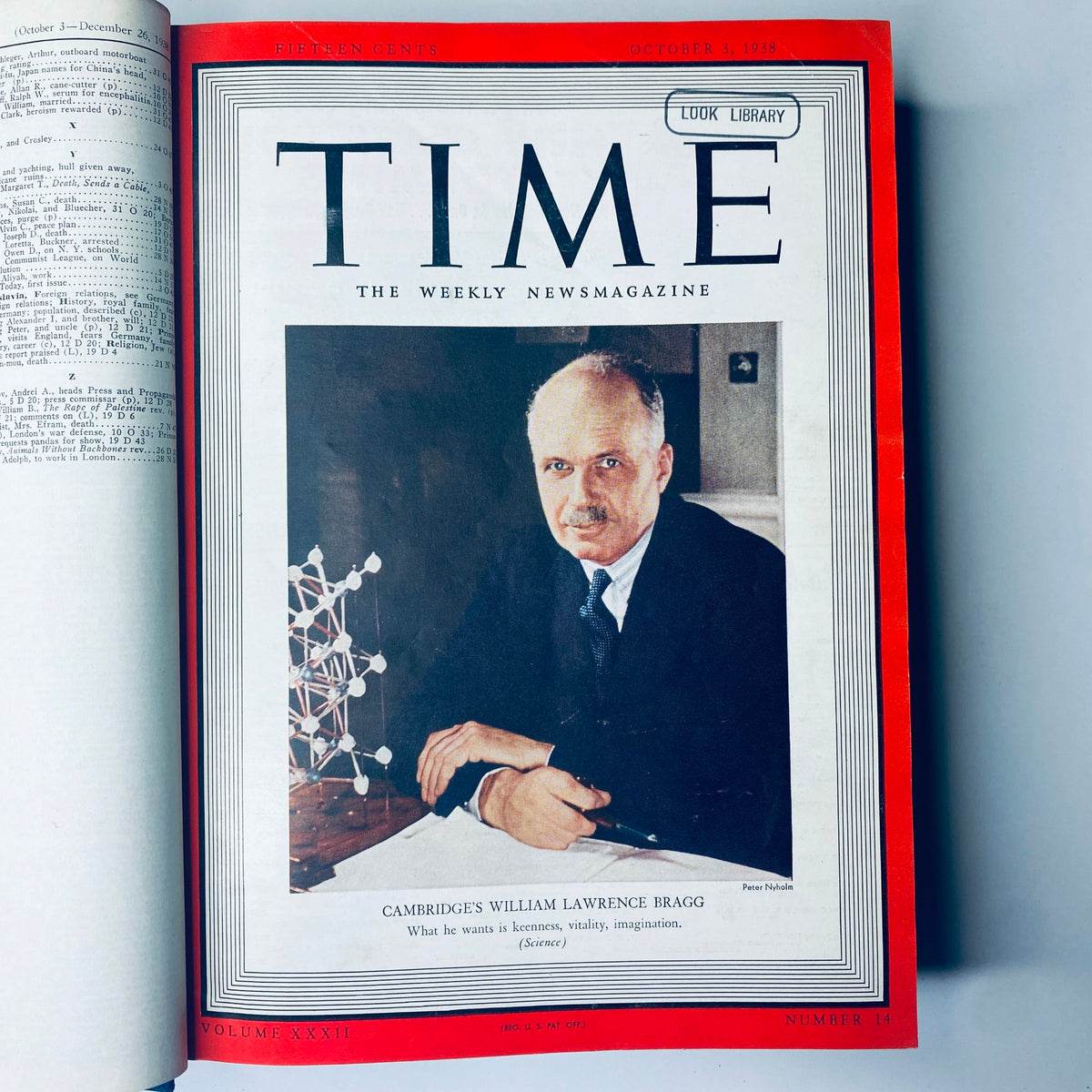 Cover of Time Magazine from October 3, 1938 featuring Cambridge’s William Lawrence Bragg, part of the Library Bound Weekly volume.