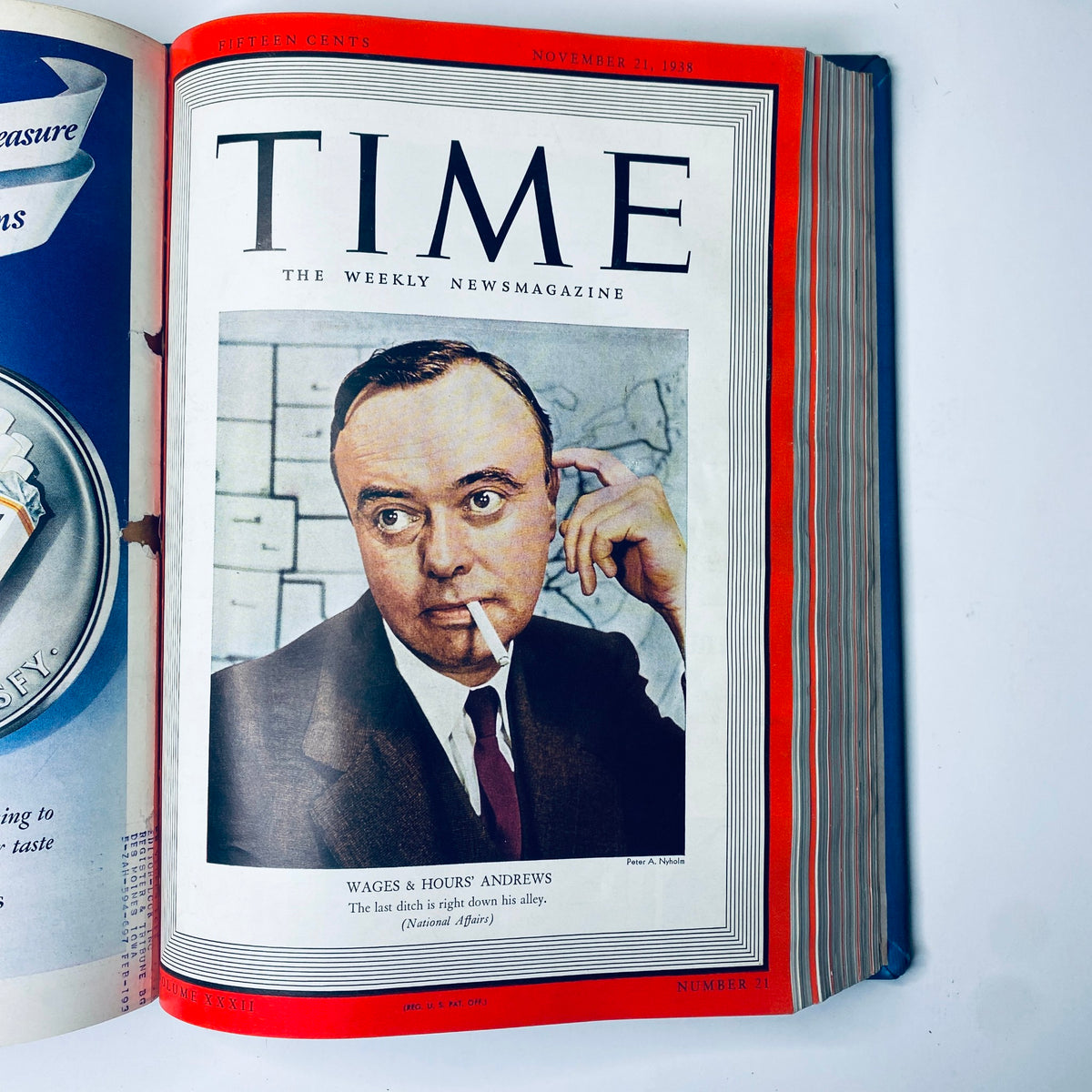 Cover of Time Magazine dated November 21, 1938, featuring Wages & Hours Administrator Elmer F. Andrews with the title 'Time Library Bound Weekly Magazine – October 3 to December 26, 1938'.