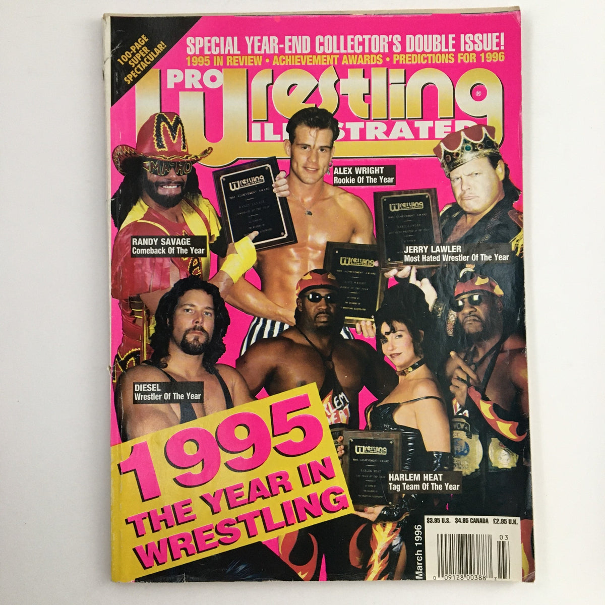 Cover of Pro Wrestling Illustrated March 1996 featuring Randy Savage, Diesel, and Harlem Heat, highlighting 1995 achievements in wrestling.