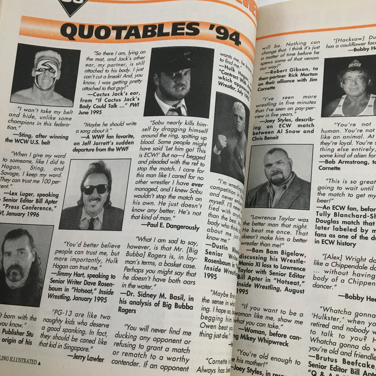 Quote page from Pro Wrestling Illustrated March 1996 featuring notable quotes from wrestlers and personalities within the wrestling industry.