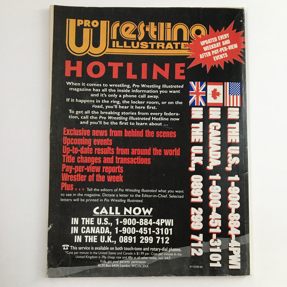 Pro Wrestling Illustrated March 1996 magazine back cover featuring hotline information and promotional details