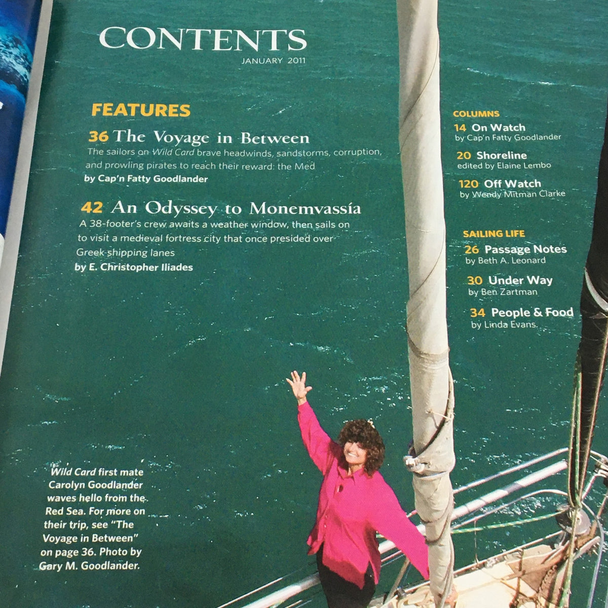 Contents page of Cruising World Magazine January 2011, highlighting features including 'The Voyage in Between' and 'An Odyssey to Monemvassia' by E. Christopher Iliades.