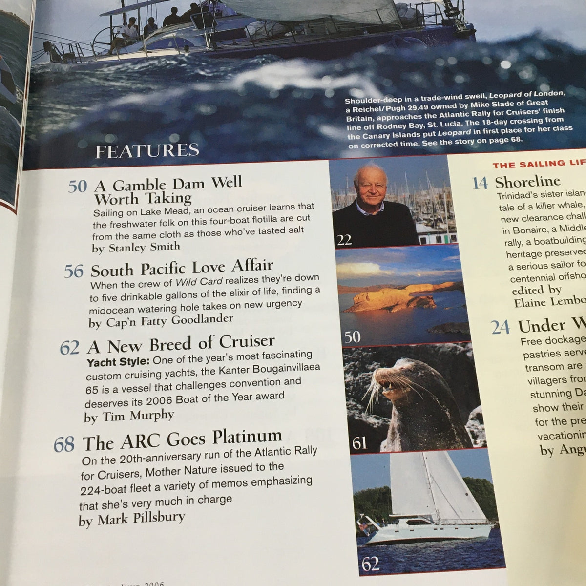 Interior page of Cruising World Magazine June 2006 showcasing features such as 'A Gamble Dam Well Worth Taking', 'South Pacific Love Affair', and 'A New Breed of Cruiser', with vivid images and detailed articles related to sailing adventures in the Caribbean, including Amadeus En Route from St. Barts to St. Martin.