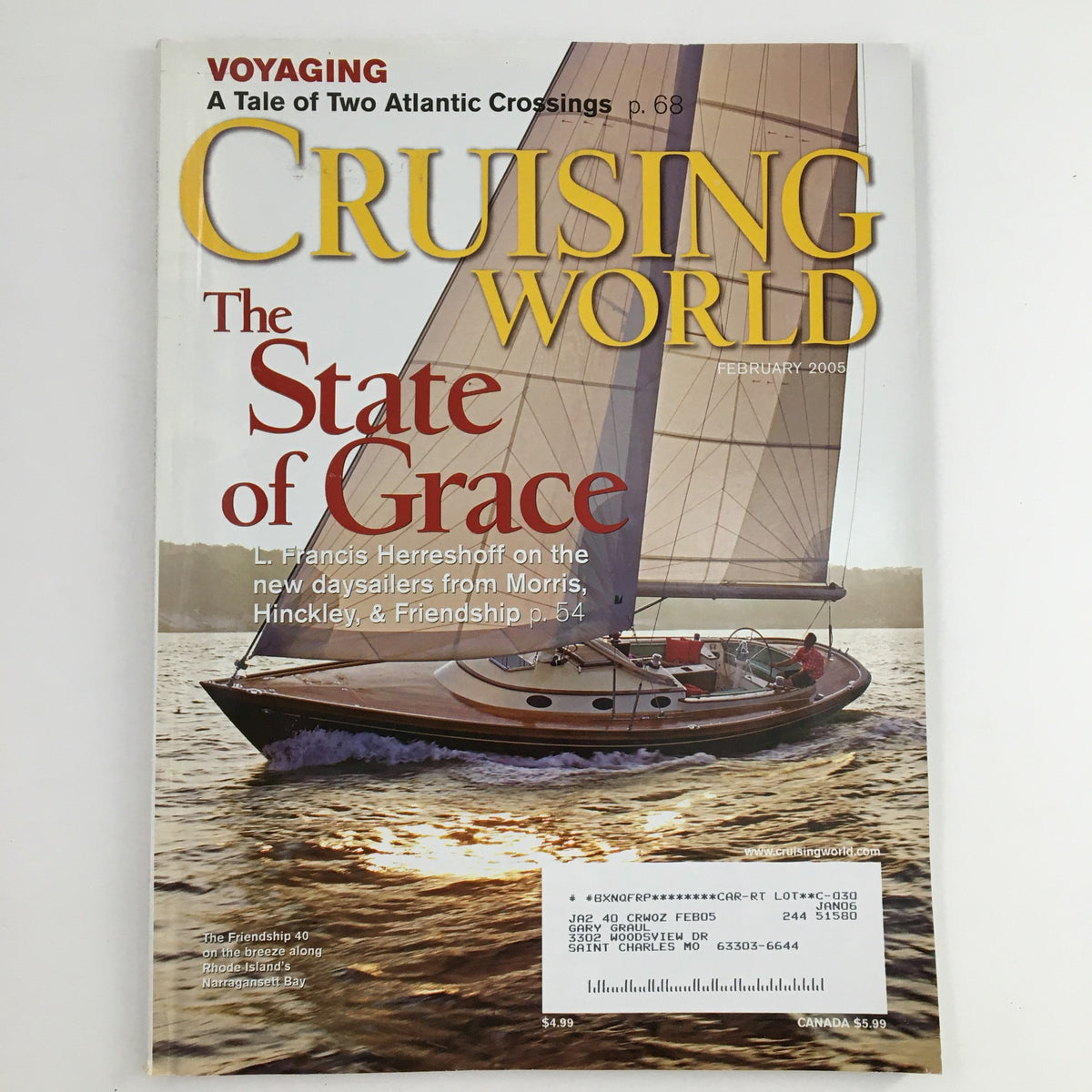 Cruising World Magazine February 2005 featuring 'The State of Grace' by L. Francis Herreshoff, showcasing a sailboat on the cover.