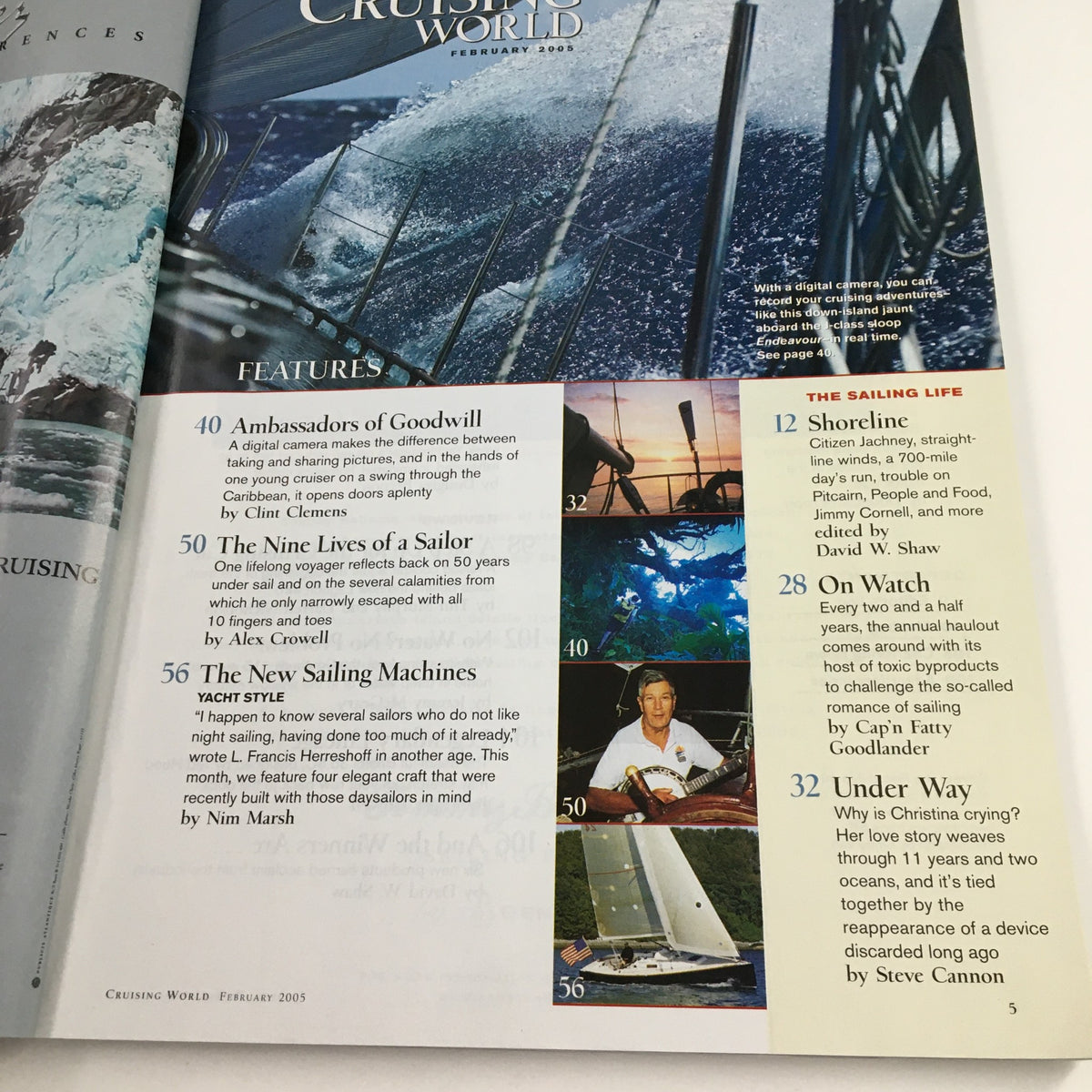 Interior page of Cruising World Magazine February 2005 highlighting features including 'The Sailing Life' and additional articles related to sailing.