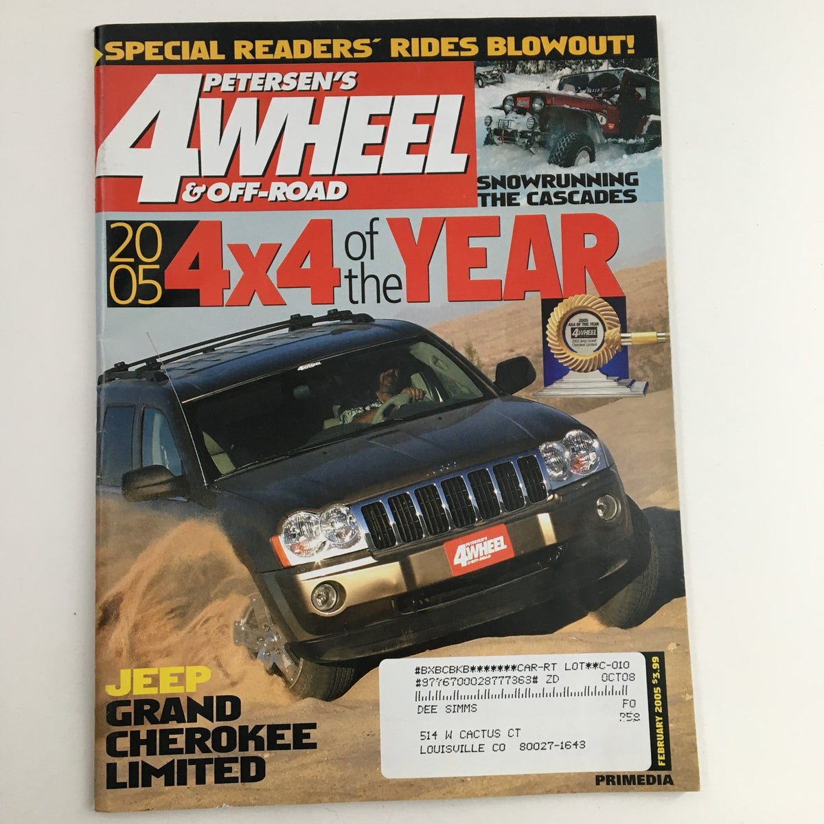 Cover of Petersen's 4 Wheel & Off-Road Magazine February 2005 showcasing the Jeep Grand Cherokee Ltd, featuring articles on 4x4 vehicles and off-roading trends.