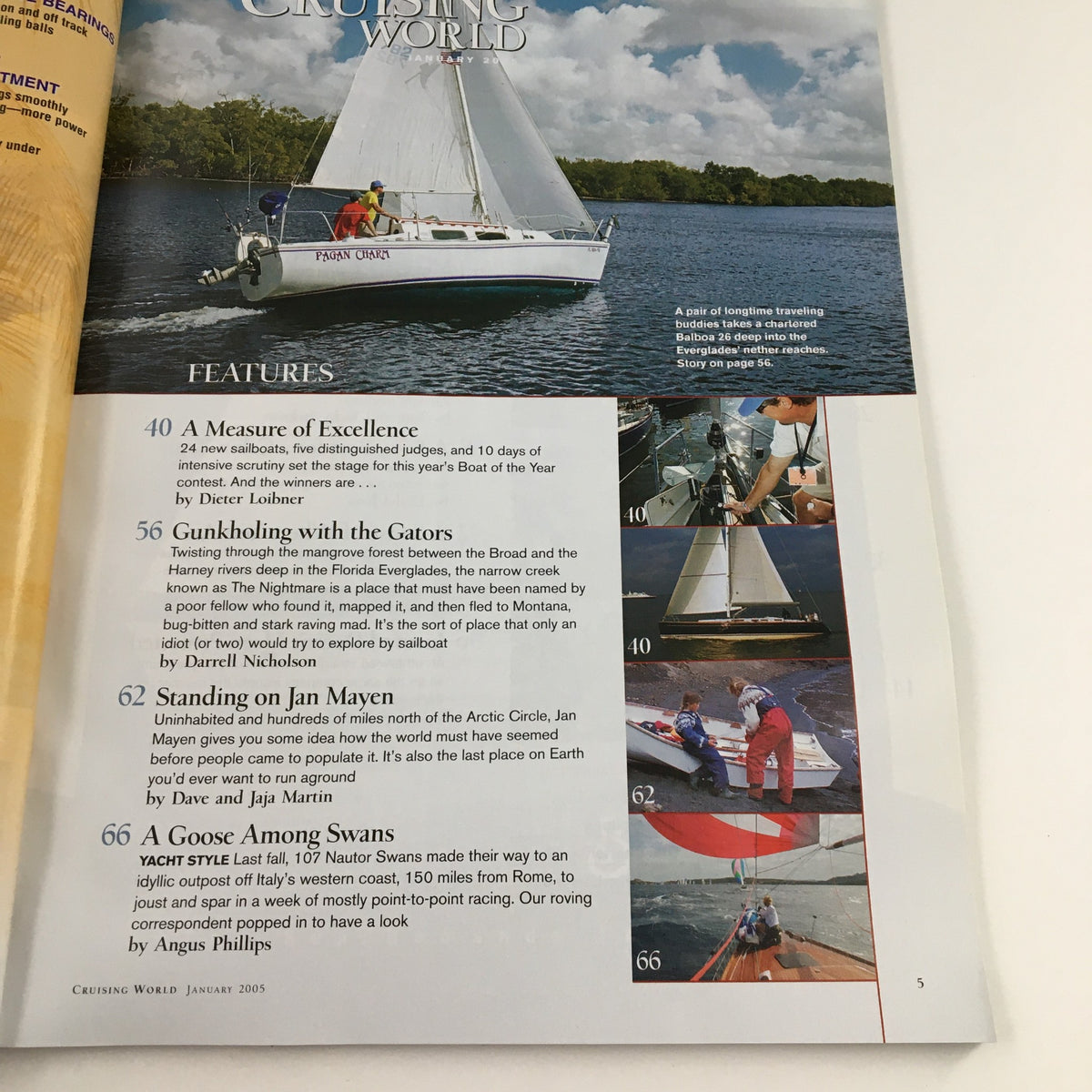 Interior page from Cruising World Magazine January 2005 showcasing articles on sailing excellence and notable yachts, perfect for sailing enthusiasts.