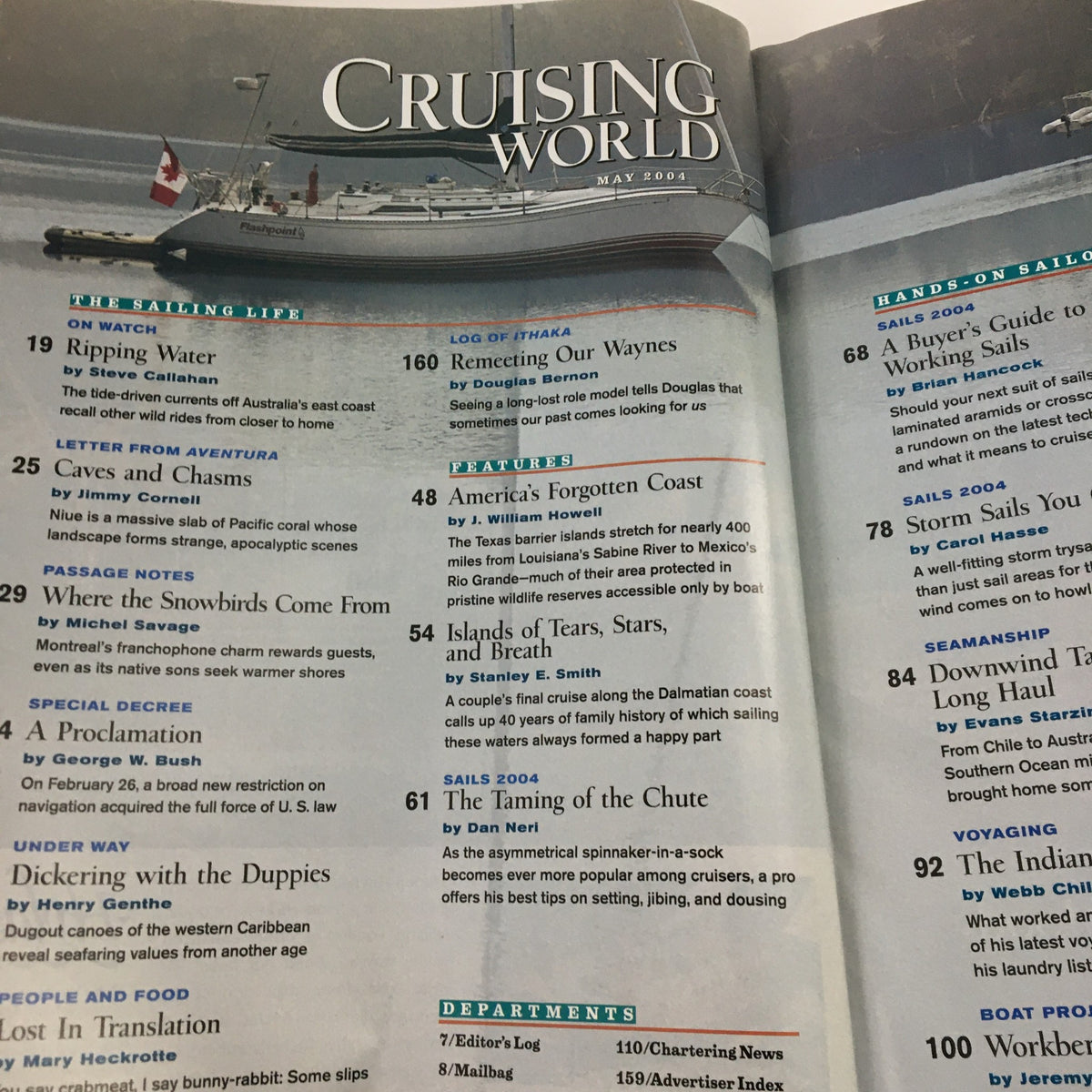 Interior page of Cruising World Magazine May 2004 showcasing articles including 'America's Forgotten Coast' and other sailing topics.