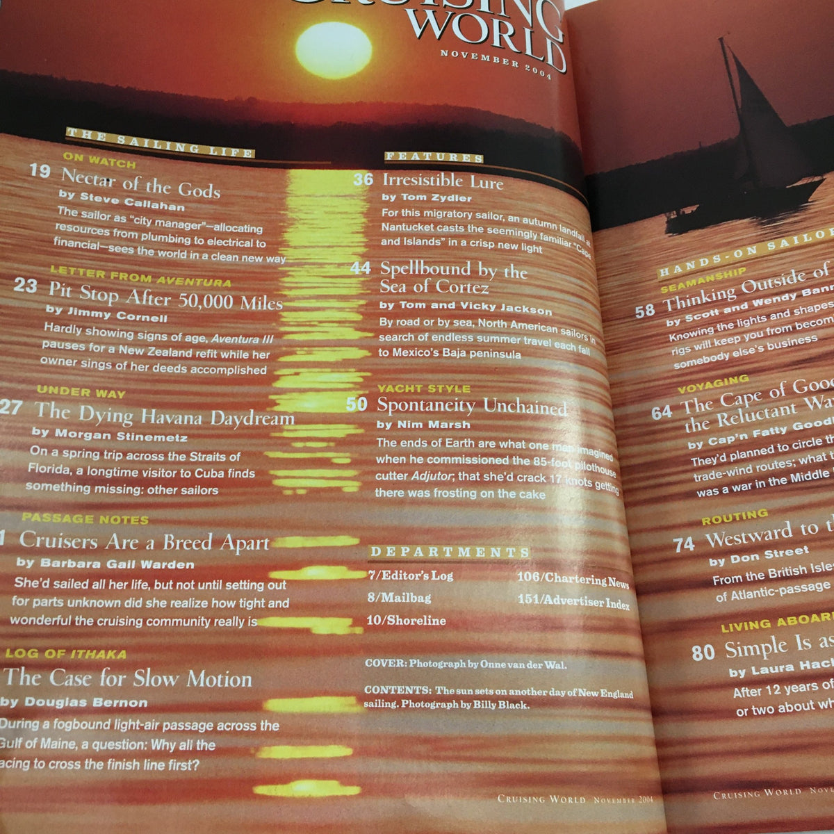 Contents page of the Cruising World Magazine November 2004 with articles related to sailing adventures and cruising, featuring the Globe Girdler.