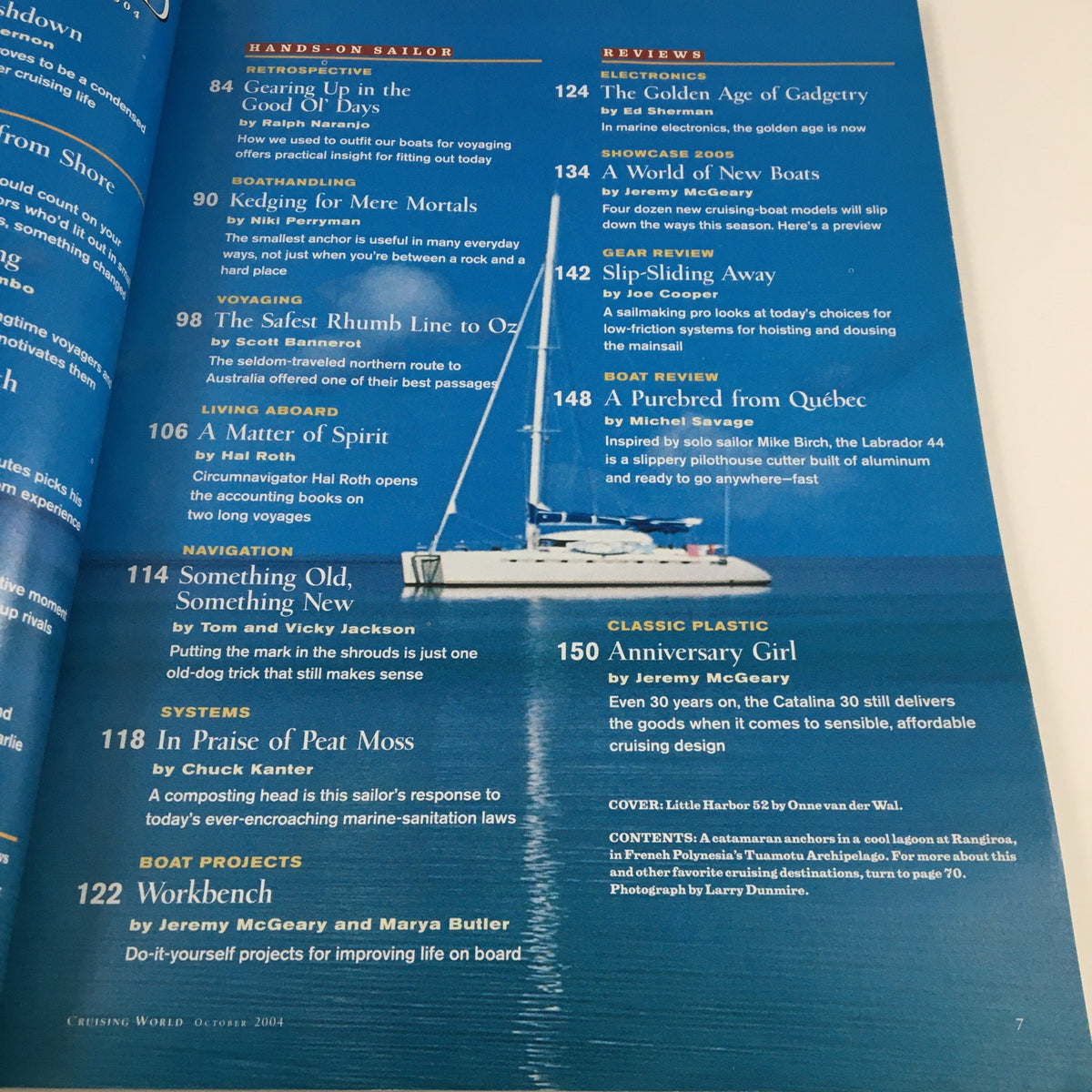 Table of contents from Cruising World Magazine October 2004, showcasing features like 'A Potent Push From Shore' and articles on sailing techniques and reviews.