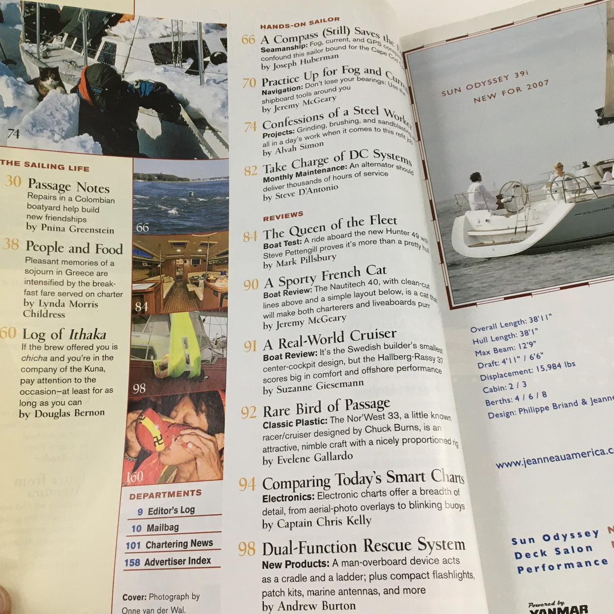 Interior page from Cruising World Magazine November 2006 showcasing sailing features, including 'Hands-On Salon,' with a damaged corner.