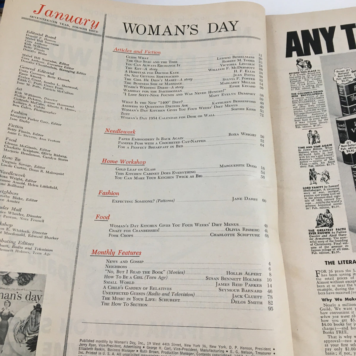 Interior page of Woman's Day Magazine January 1954 displaying articles and features, including the section on 'The Music in Your Life' focused on Schubert.