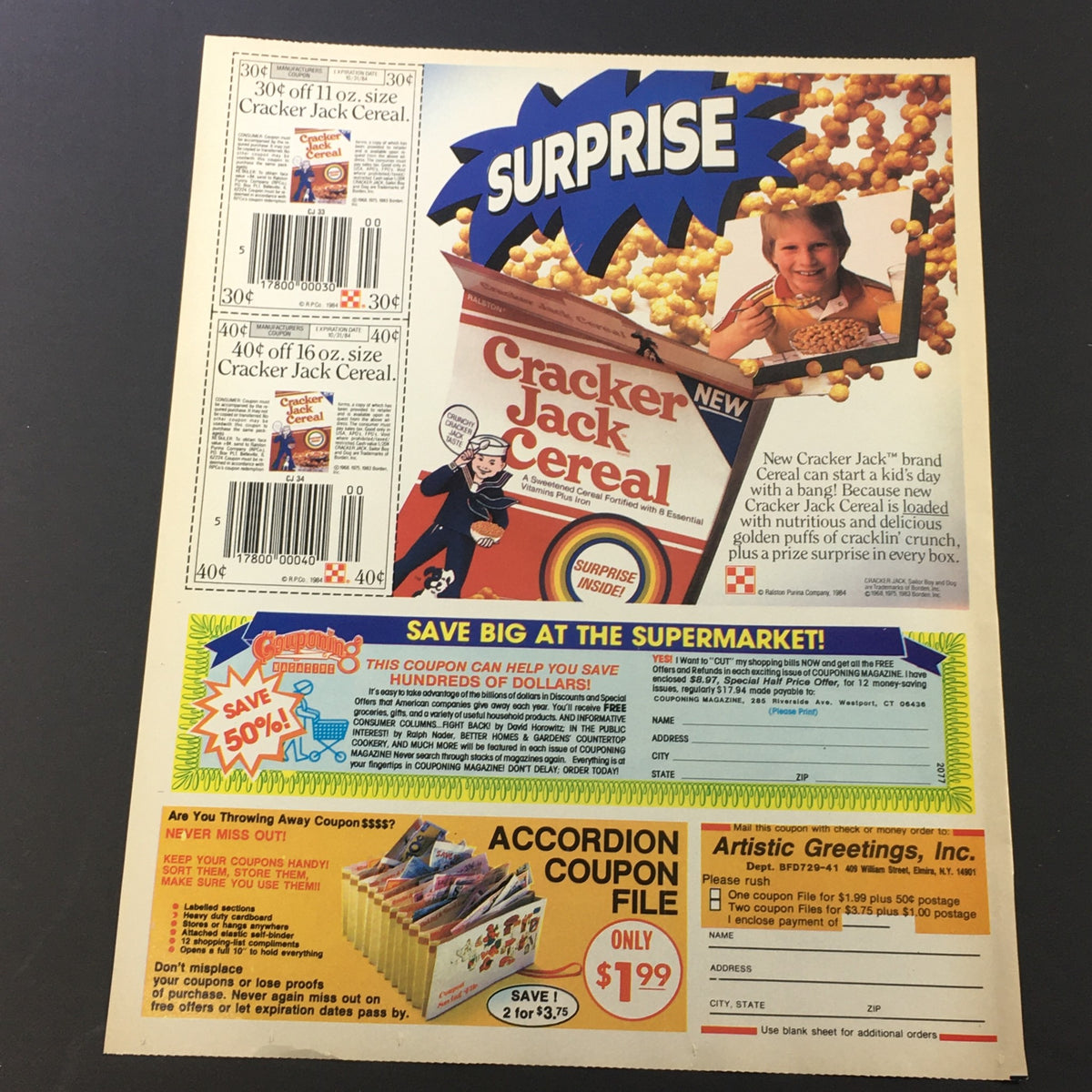 VTG Retro advertisement for Cracker Jack Cereal showcasing savings coupons and a child enjoying the cereal. The ad promotes surprise prizes inside every box and emphasizes savings at the supermarket.