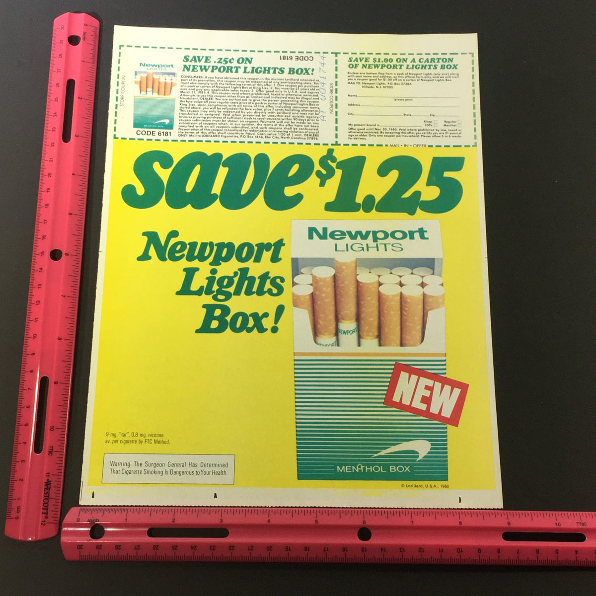 VTG Retro 1980 Newport Lights Menthol Cigarette Box Print Ad with a ruler for scale, highlighting a coupon to save $1.25 on Newport Lights cigarettes with colorful visuals.