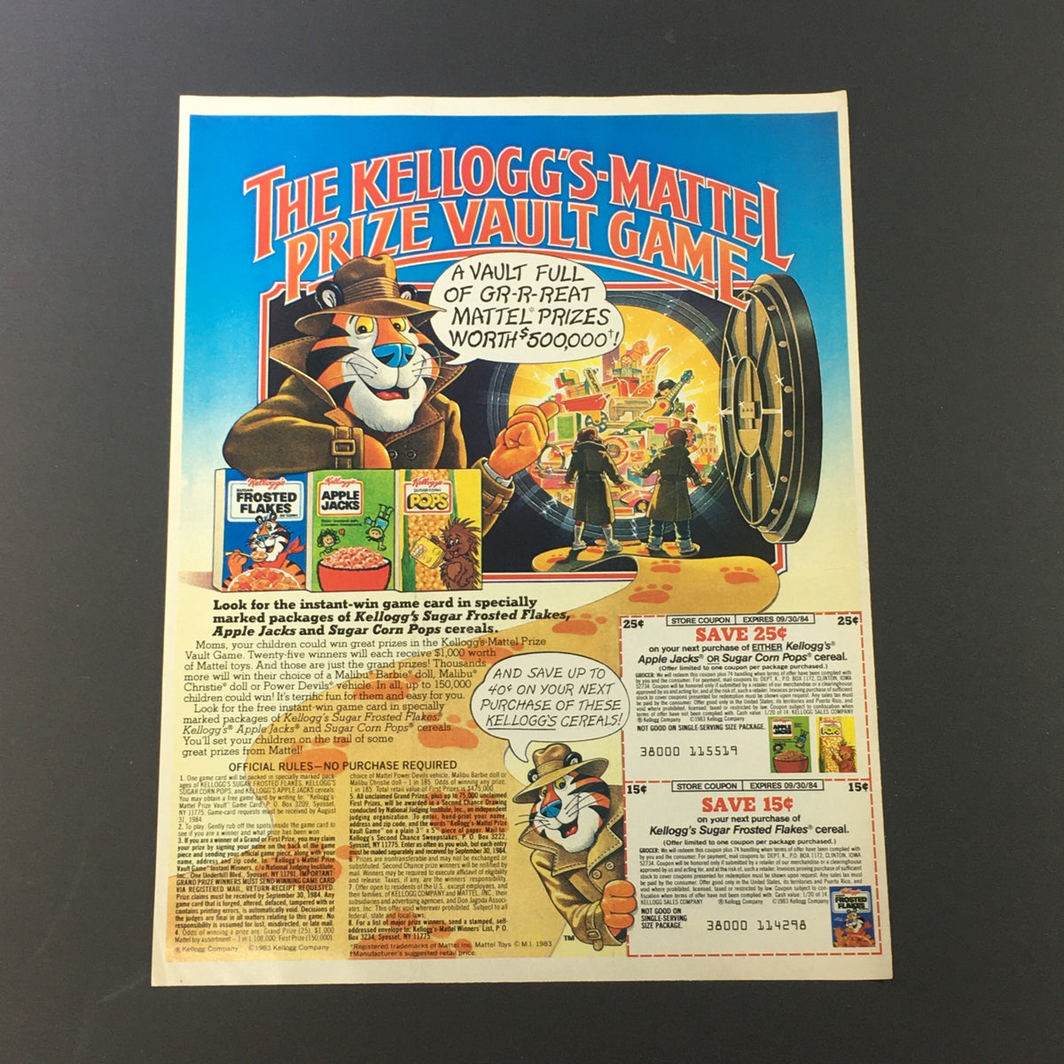 VTG Retro 1984 Kellogg's Frosted Flakes, Apple Jacks & Sugar Corn Pops Ad Coupon featuring the Kellogg's-Mattel Prize Vault Game with illustrations of Tony the Tiger and various prize offerings.