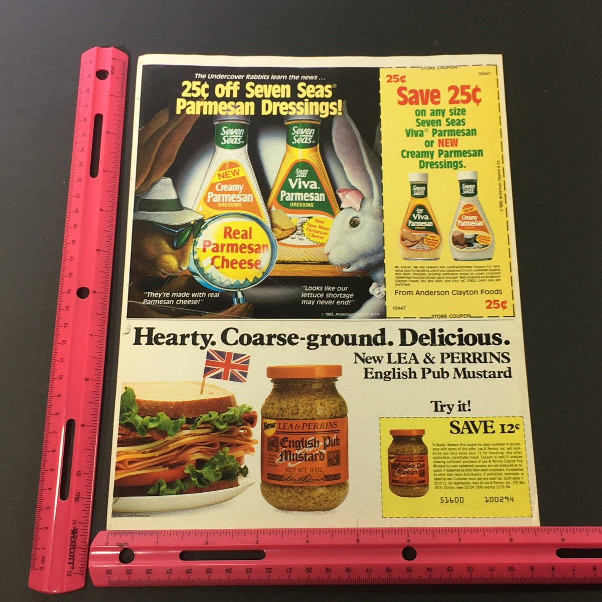 VTG Retro 1984 Kellogg's Frosted Flakes, Apple Jacks & Sugar Corn Pops Ad Coupon highlighting multiple food promotion offers including Seven Seas dressings and Lea & Perrins mustard, with advertising graphics.