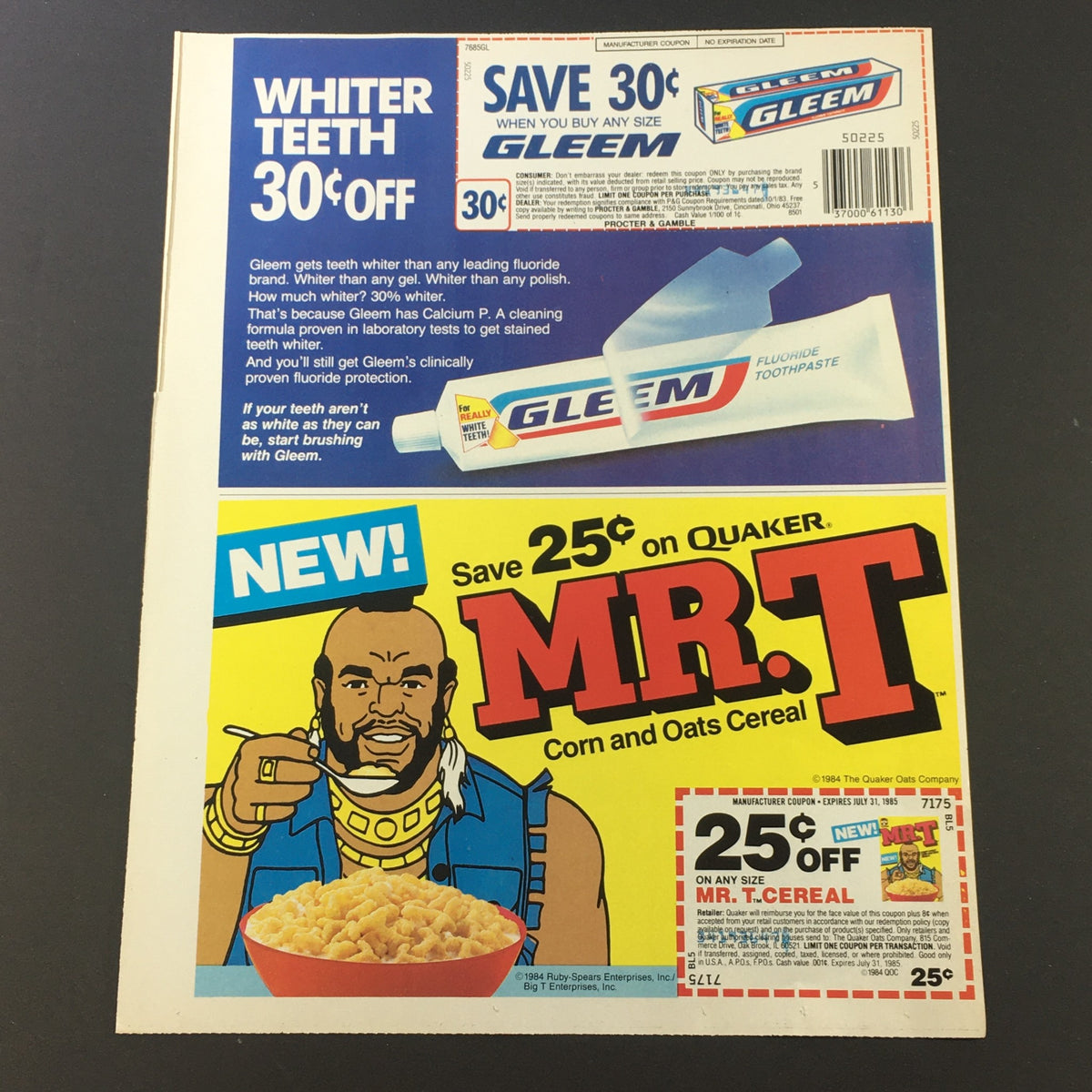 VTG Retro 1985 Gleem Fluoride Toothpaste and Quaker Mr. T Corn & Oats Cereal Coupon featuring a bold advertisement showcasing the coupon details and illustrations from the 1980s.