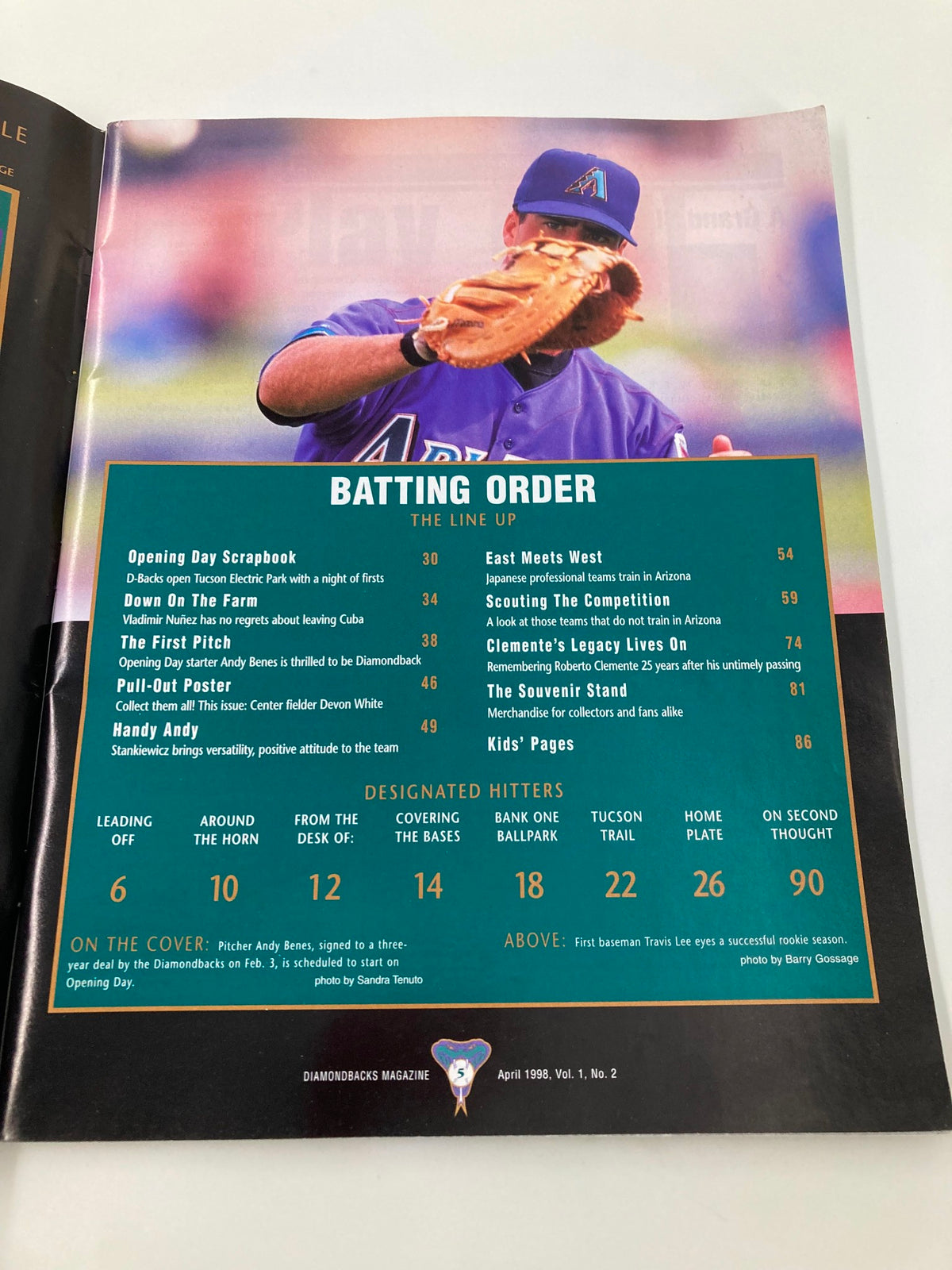Cover page of Diamondbacks Magazine April 1998 Vol 1 #2 featuring the 'First Pitch' by Andy Benes, showcasing the batting order lineup, with themed sections and a visual of a pitcher in action.