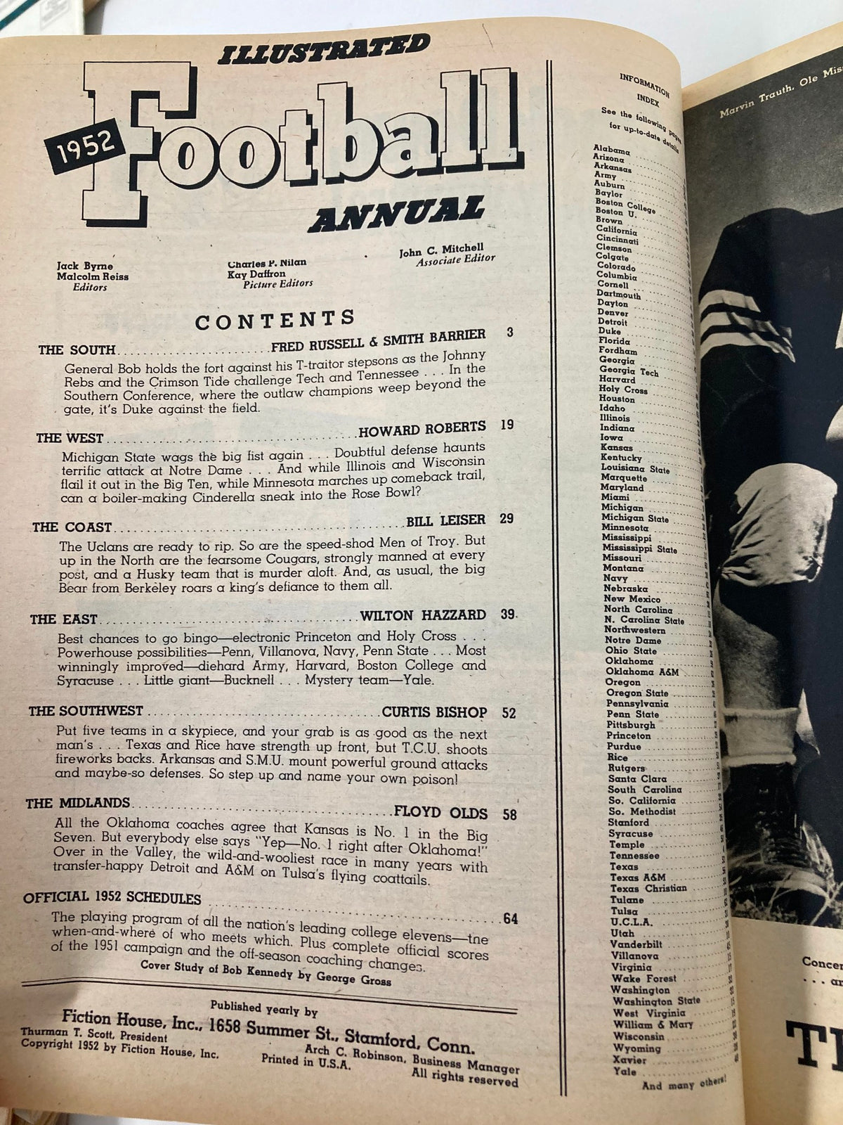 Interior page of the VTG Illustrated Football Annual 1952 featuring contents and editorial information, highlighting Bob Kennedy of Wisconsin.