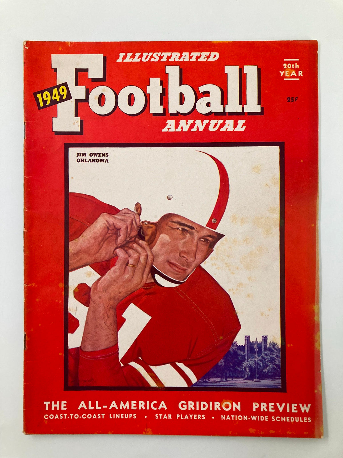 VTG Illustrated Football Annual 1949 cover featuring Jim Owens, star player from Oklahoma, showcasing vintage football aesthetics and vibrant colors.