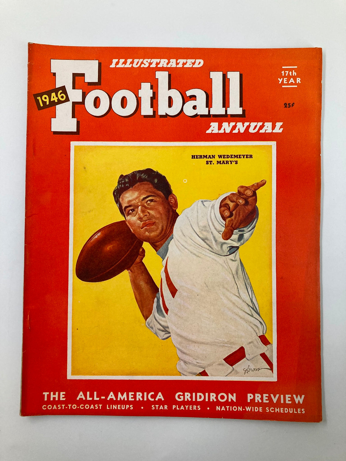 Cover of the VTG Illustrated Football Annual 1946 featuring Herman Wedemeyer from St. Mary's throwing a football, showcasing vintage sports memorabilia.
