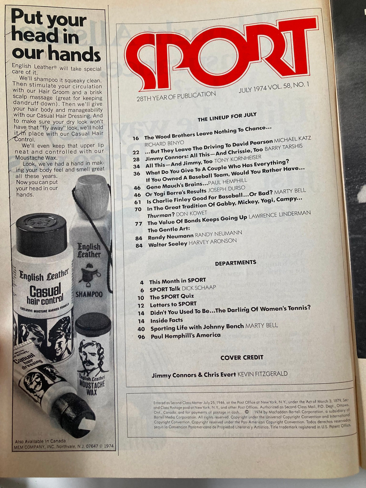 Interior page of Sport Magazine July 1974, Vol 58 #1 listing features and articles, highlighting the era's sports culture and notable contributions.