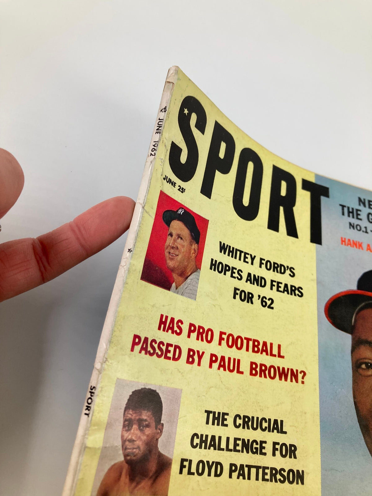 Cover of VTG Sport Magazine June 1962 featuring baseball icons Whitey Ford and Hank Aaron, showcasing vintage magazine details.