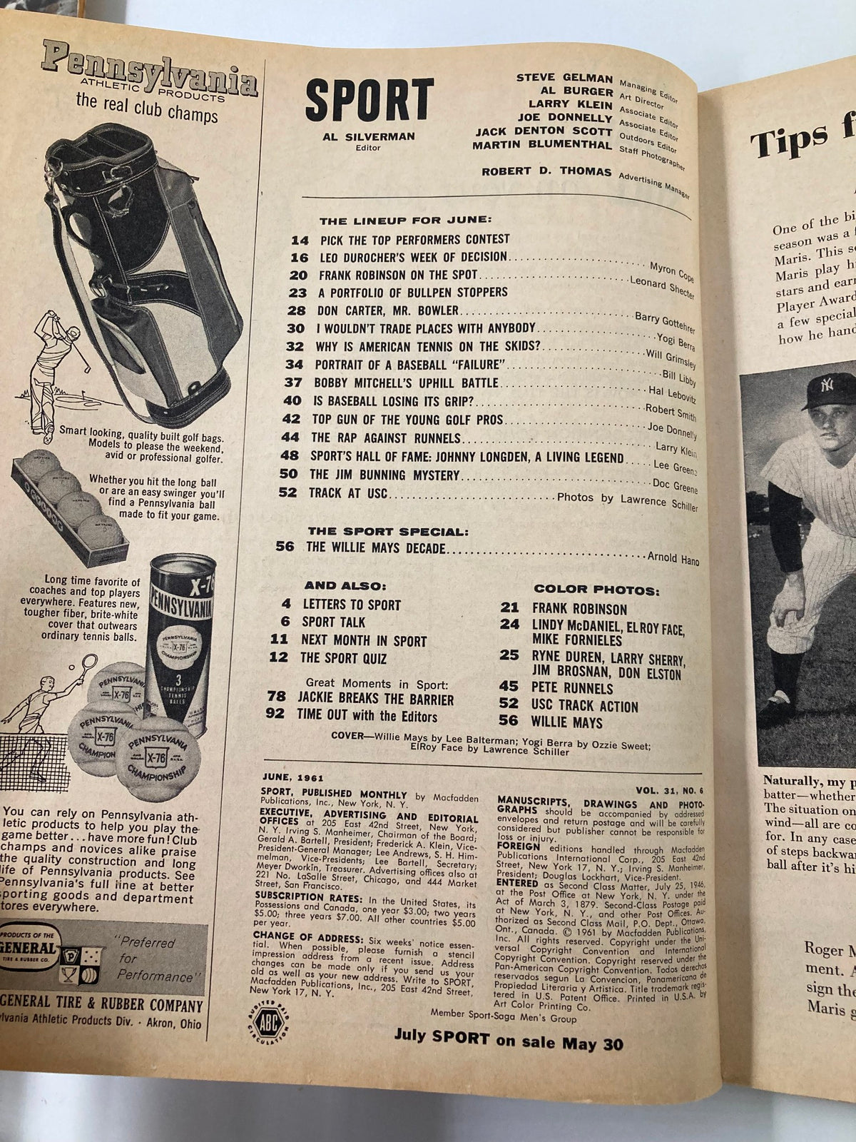 Inside page of the June 1961 vintage sport magazine displaying the table of contents and information about featured articles and contests.