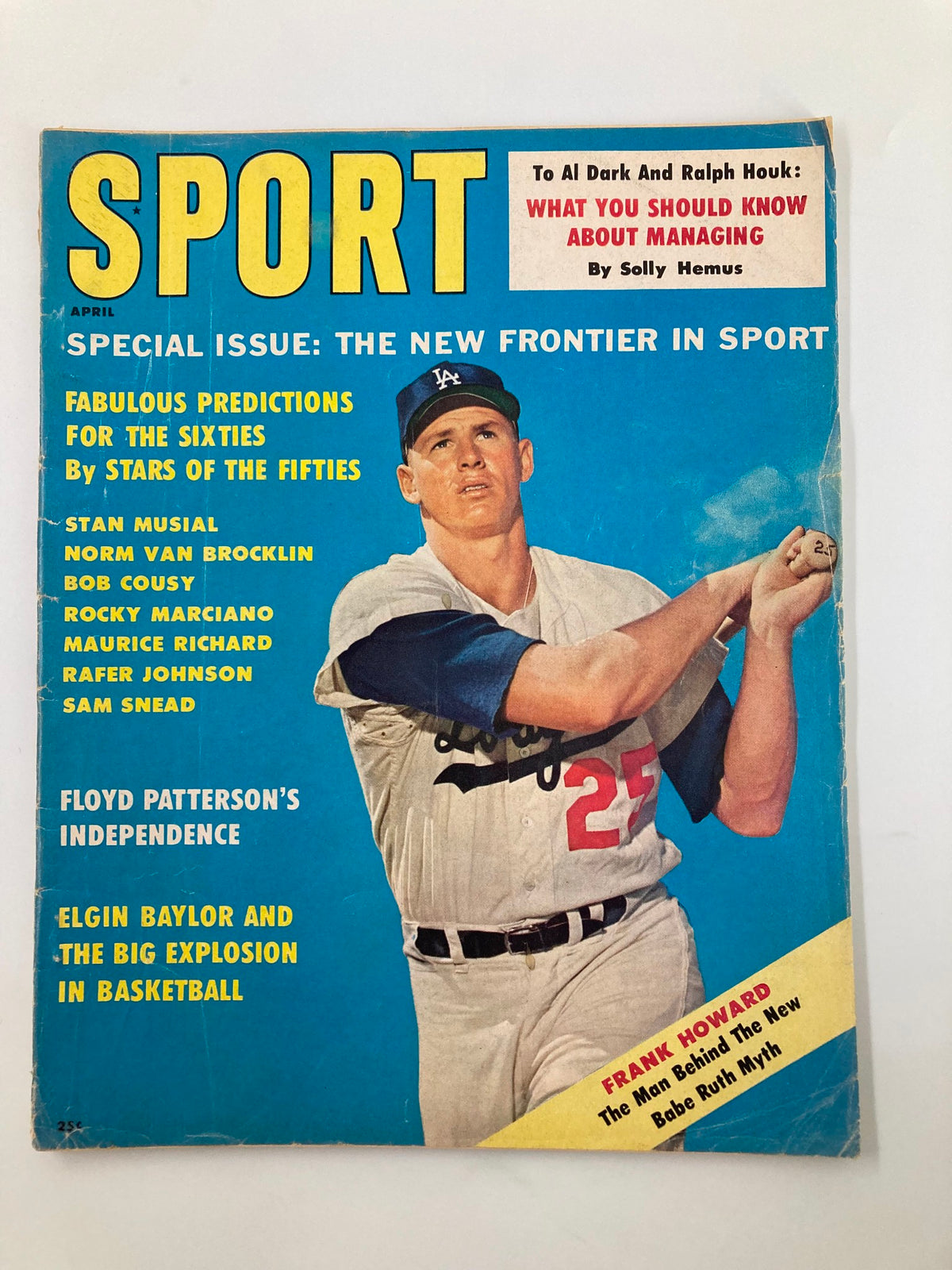 April 1961 Sport Magazine cover featuring baseball player Frank Howard, with the title 'VTG Sport Magazine April 1961 Frank Howard, Al Dark and Ralph Houk No Label'. The magazine highlights sports predictions and legends from the 1960s.