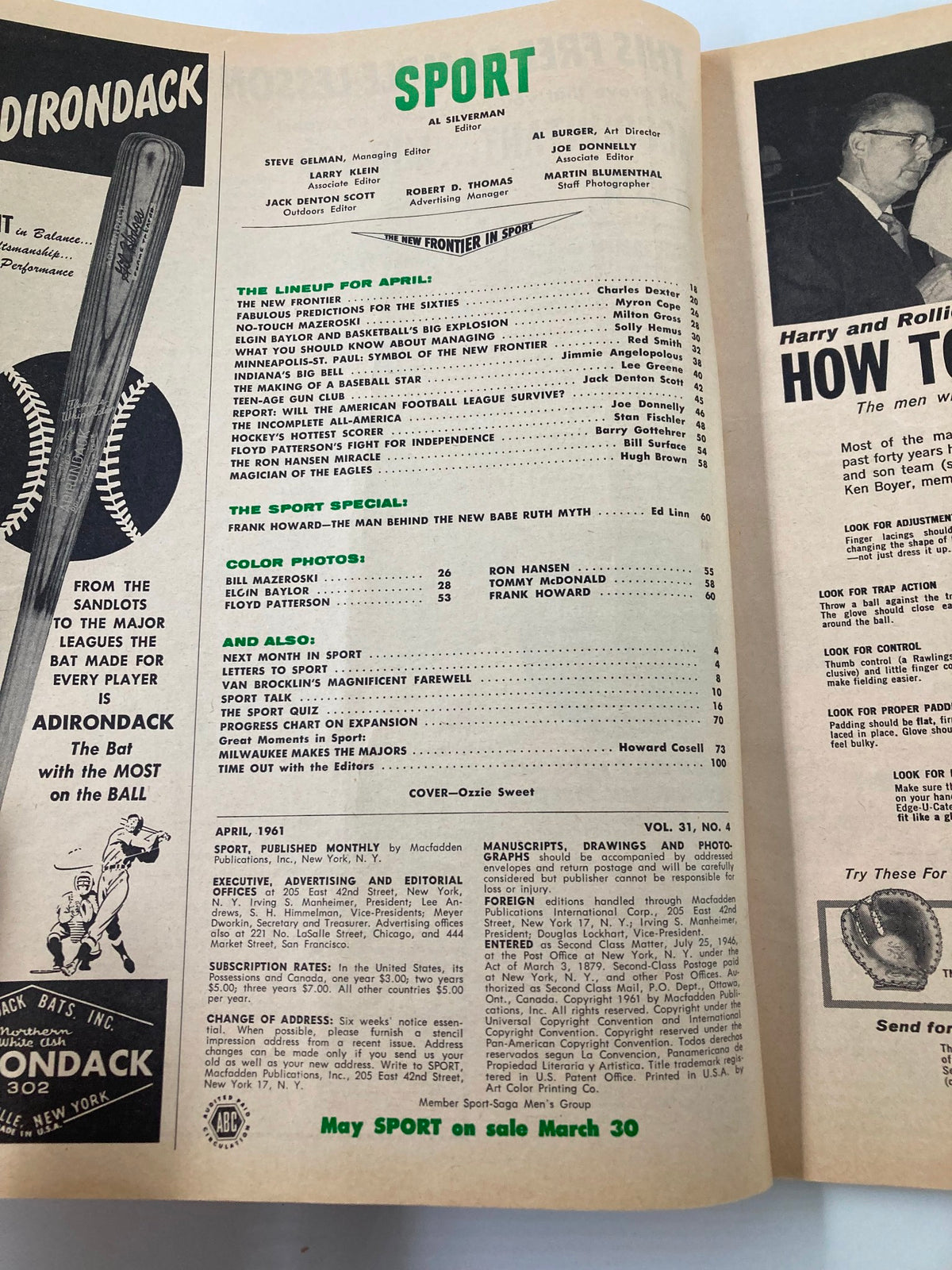 Inside page of the VTG Sport Magazine April 1961 displaying the contents and features, emphasizing Frank Howard's article.