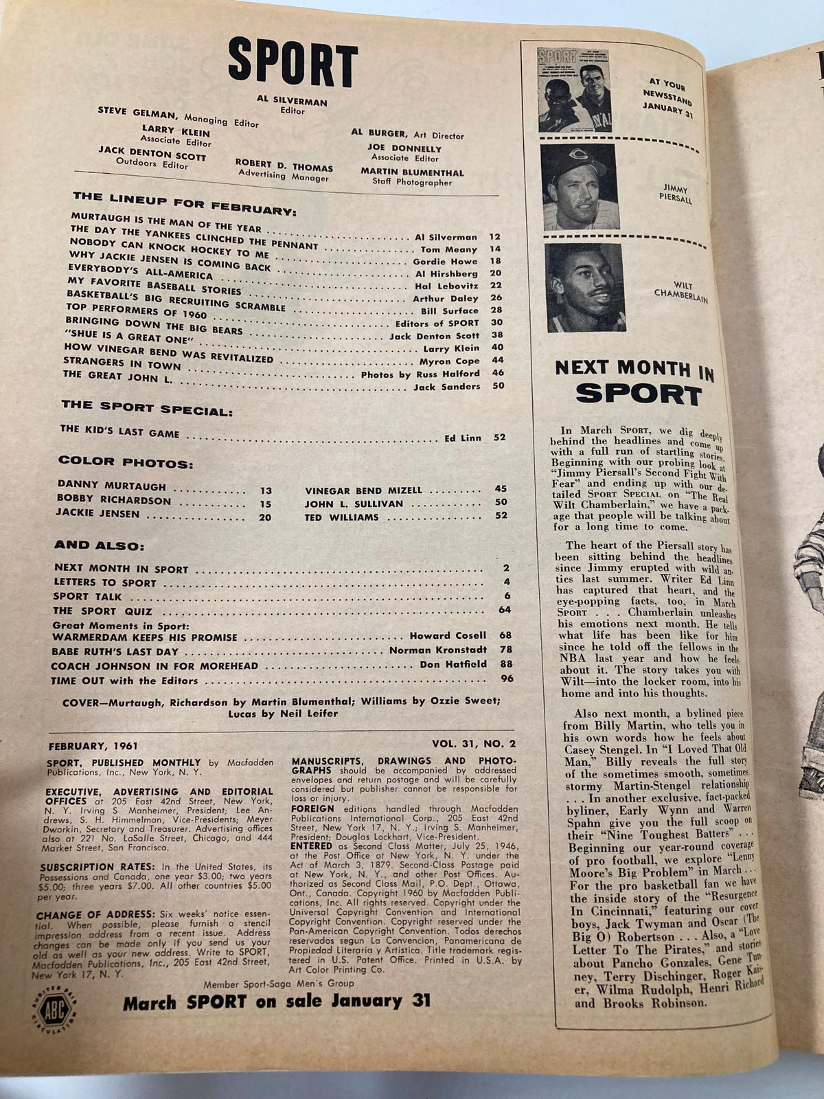Inside page of the VTG Sport Magazine February 1961 featuring articles, editor names, and a sports photo section. Includes mentions of sports legends like Danny Murtaugh and Ted Williams, highlighting the magazine's content and historical significance.