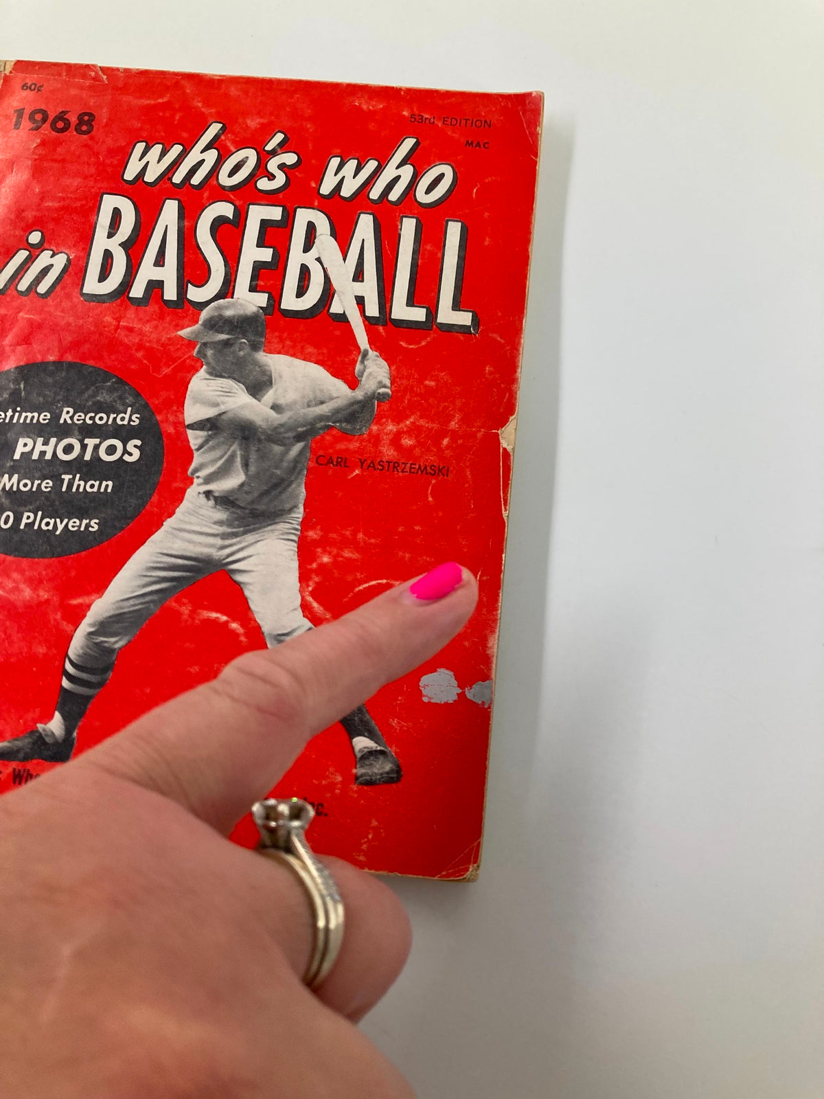 Close-up view of the cover of VTG Who's Who in Baseball 1968 53rd Edition highlighting Carl Yastrzemski and publication details.