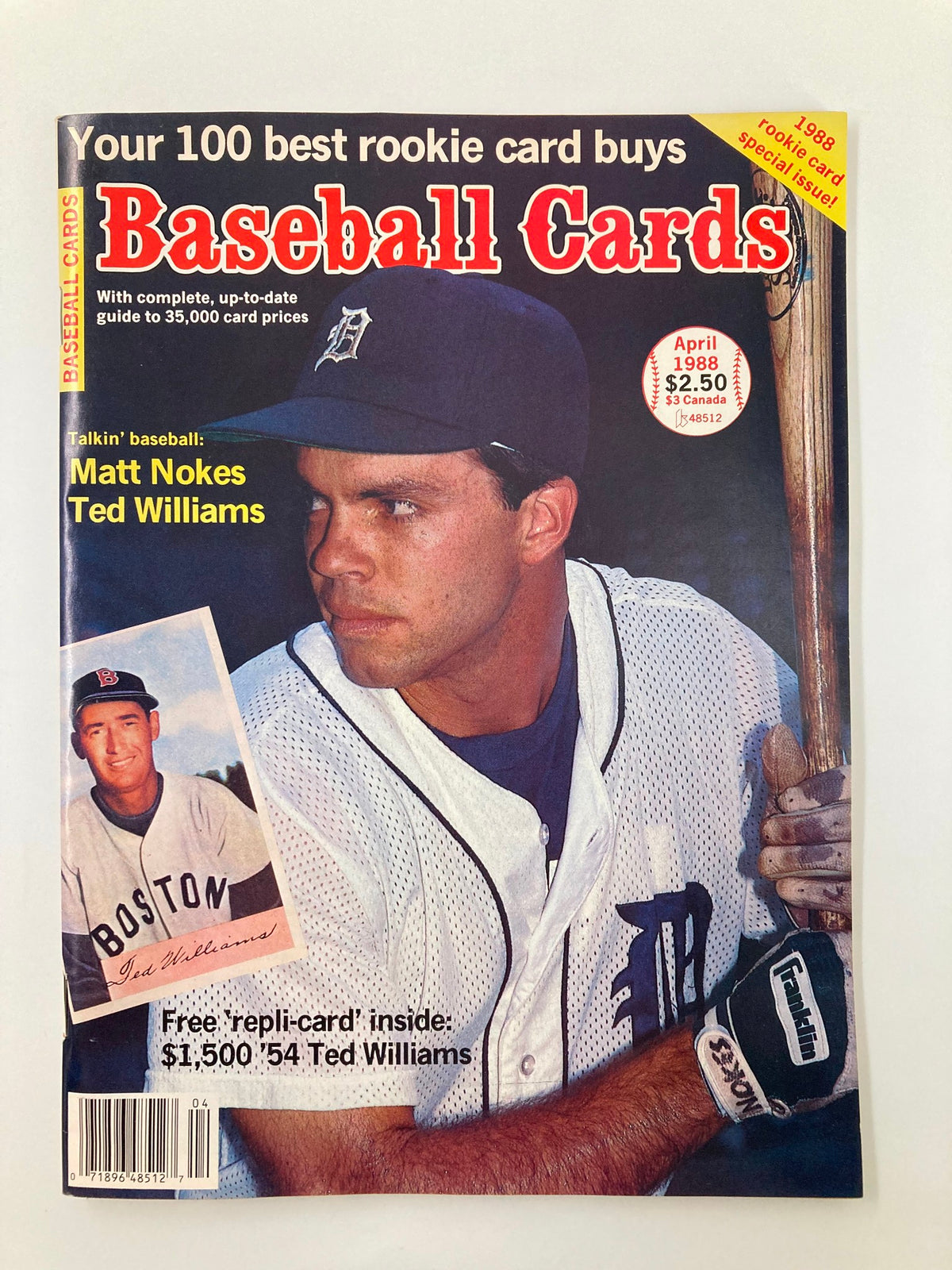 Baseball Cards Magazine April 1988 featuring players Matt Nokes and Ted Williams on the cover. This vintage magazine offers insight into baseball's history and collectibles.