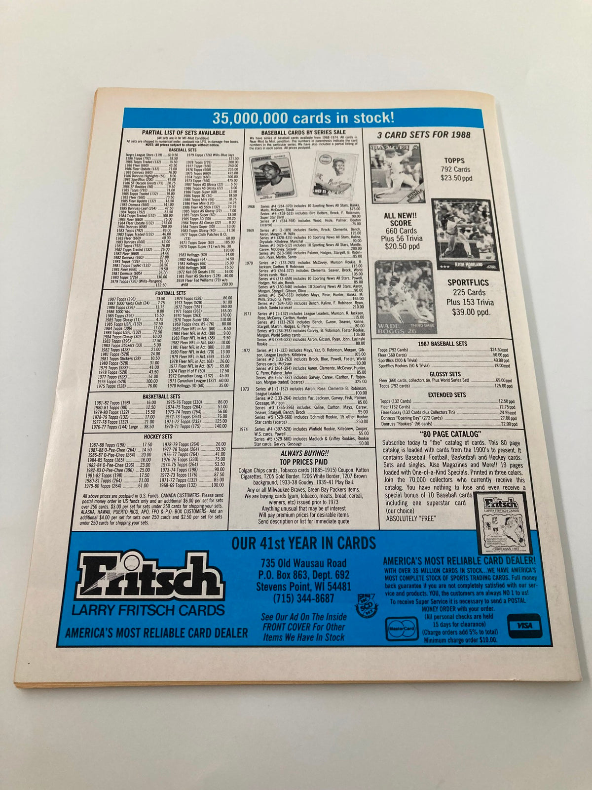 Back cover of Baseball Cards Magazine April 1988 listing various baseball card sets available. This demonstrates the magazine's role in the baseball trading card market.