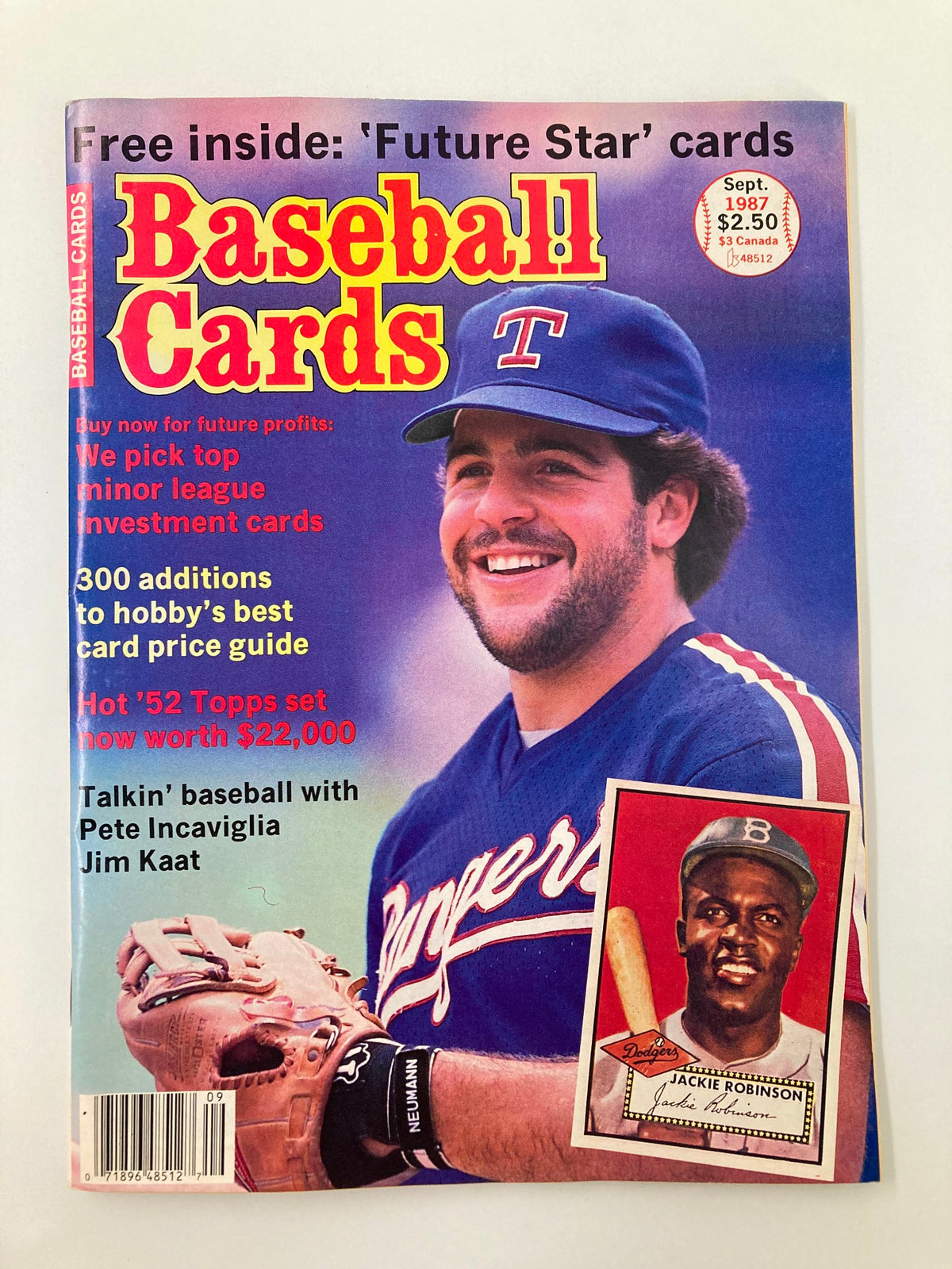 VTG Baseball Cards Magazine September 1987 featuring Jackie Robinson on the cover, showcasing a smiling baseball player in a Texas Rangers cap with an iconic image of Jackie Robinson's card.