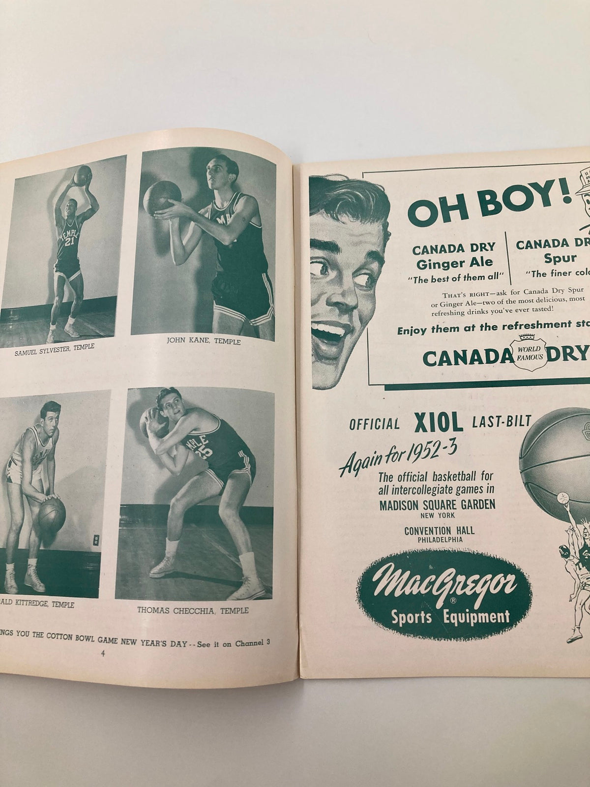 Inside page of the VTG December 13 1952 St. Joseph's Temple vs West Texas State College Basketball program showcasing player photos and advertising.
