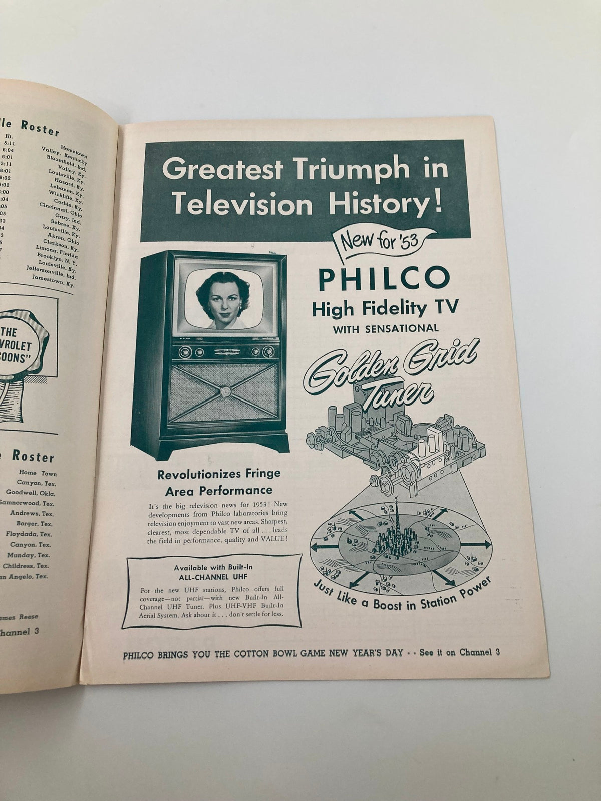Advertisement for Philco High Fidelity TV in VTG December 13, 1952 St. Joseph's Temple vs West Texas State College Basketball program, showcasing television technology of the time.