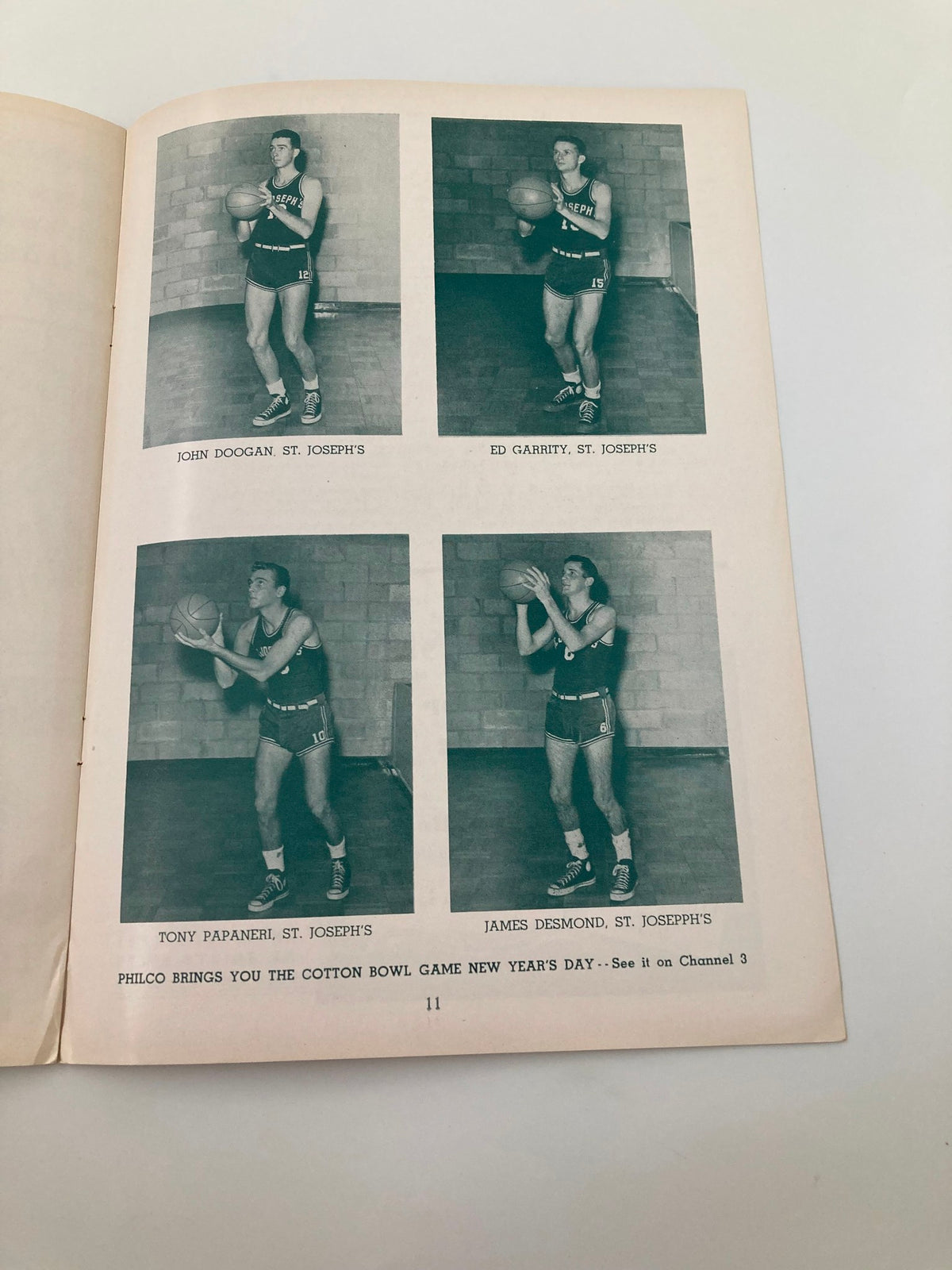 Photographic features of players John Doogan, Ed Garrity, Tony Papanelli, and James Desmond from St. Joseph's in the VTG December 13, 1952 St. Joseph's Temple vs West Texas State College Basketball program.